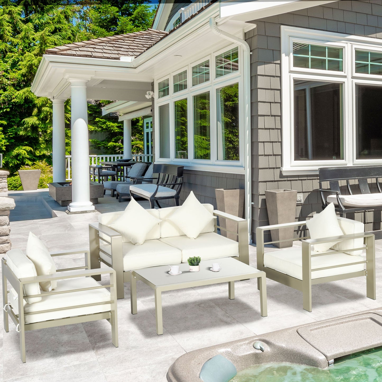 4 Pieces Outdoor Garden Furniture Set, Aluminium Frame Backyard Furniture w/ Thick Padded Cushioned Loveseat, 2 Chairs, and Glass Top Table, Champagne Gold