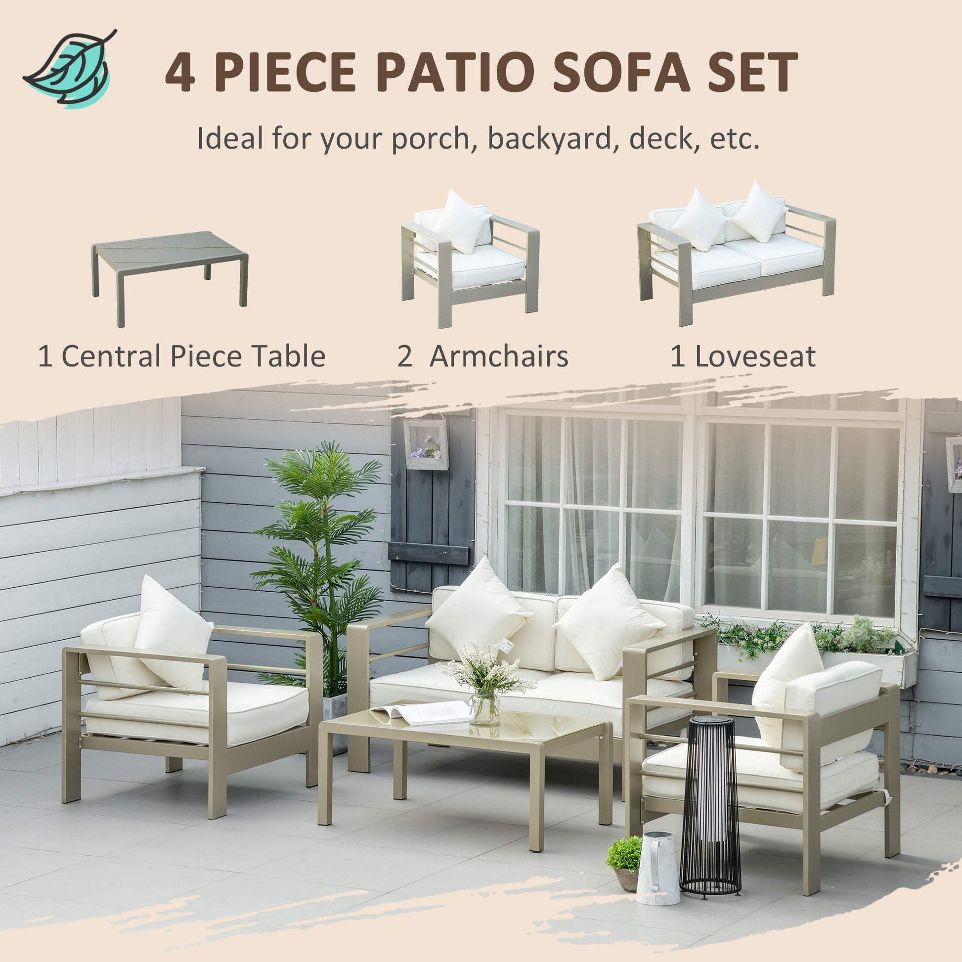 4 Pieces Outdoor Garden Furniture Set, Aluminium Frame Backyard Furniture w/ Thick Padded Cushioned Loveseat, 2 Chairs, and Glass Top Table, Champagne Gold