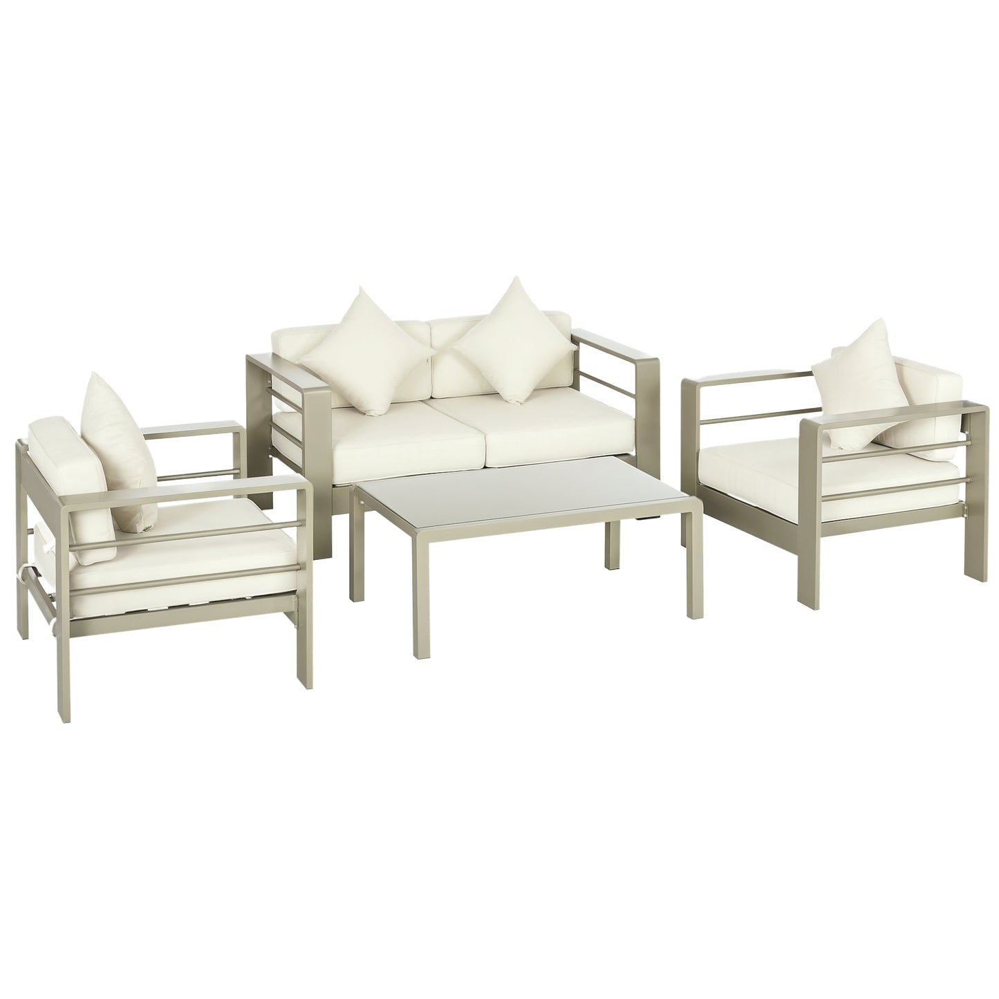 4 Pieces Outdoor Garden Furniture Set, Aluminium Frame Backyard Furniture w/ Thick Padded Cushioned Loveseat, 2 Chairs, and Glass Top Table, Champagne Gold
