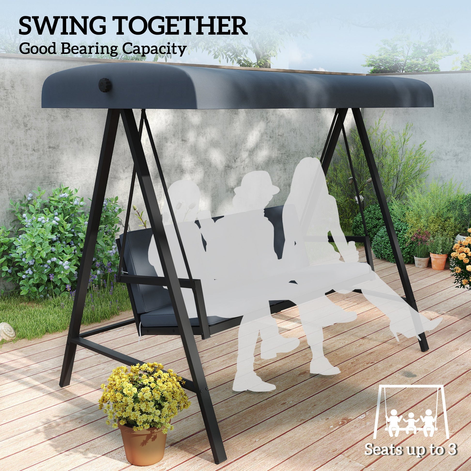 3 Seater Garden Swing Chair, Outdoor Hammock Bench with Adjustable Canopy, Removable Cushions and Steel Frame, Dark Grey
