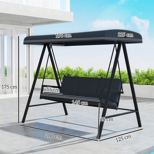 3 Seater Garden Swing Chair, Outdoor Hammock Bench with Adjustable Canopy, Removable Cushions and Steel Frame, Dark Grey