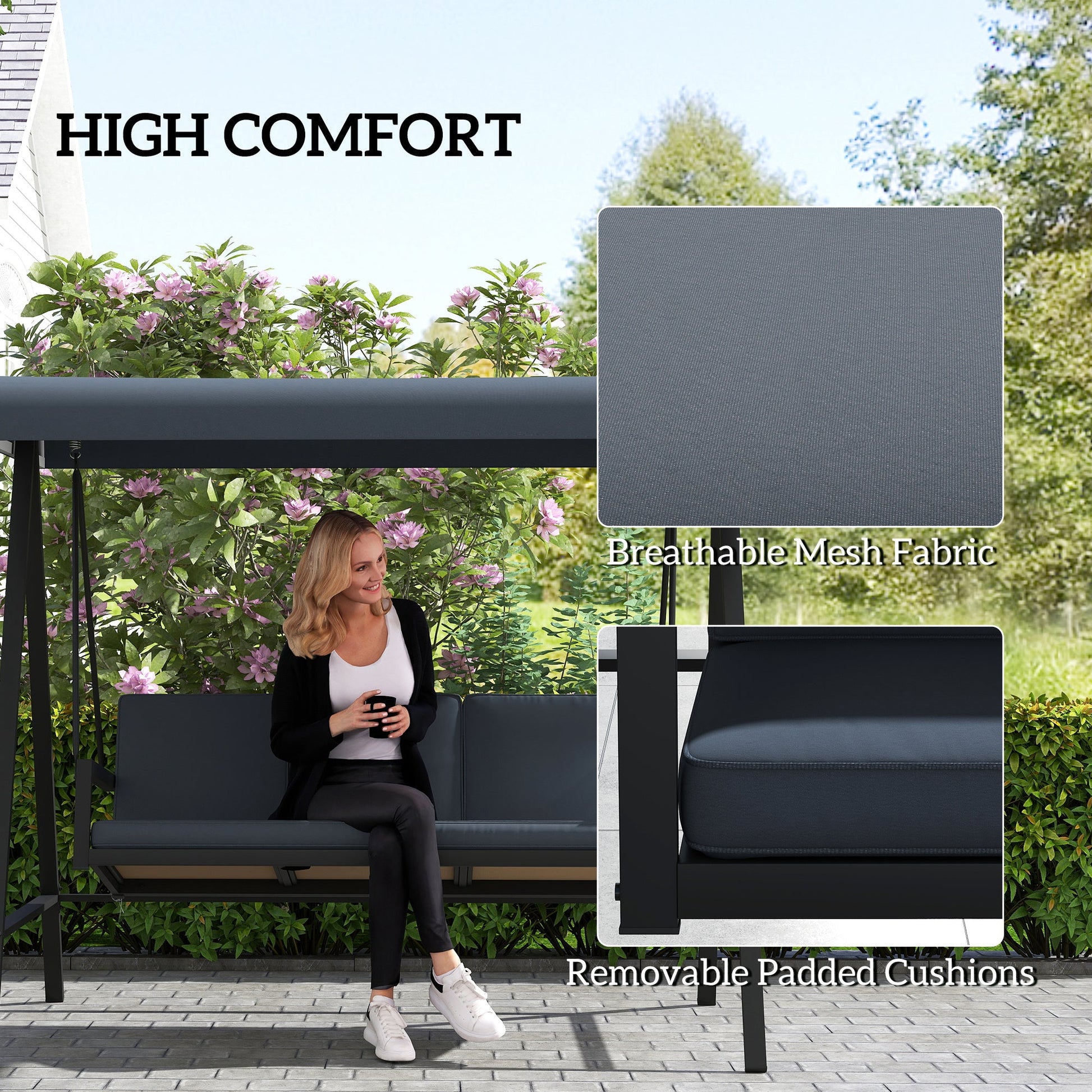 3 Seater Garden Swing Chair, Outdoor Hammock Bench with Adjustable Canopy, Removable Cushions and Steel Frame, Dark Grey