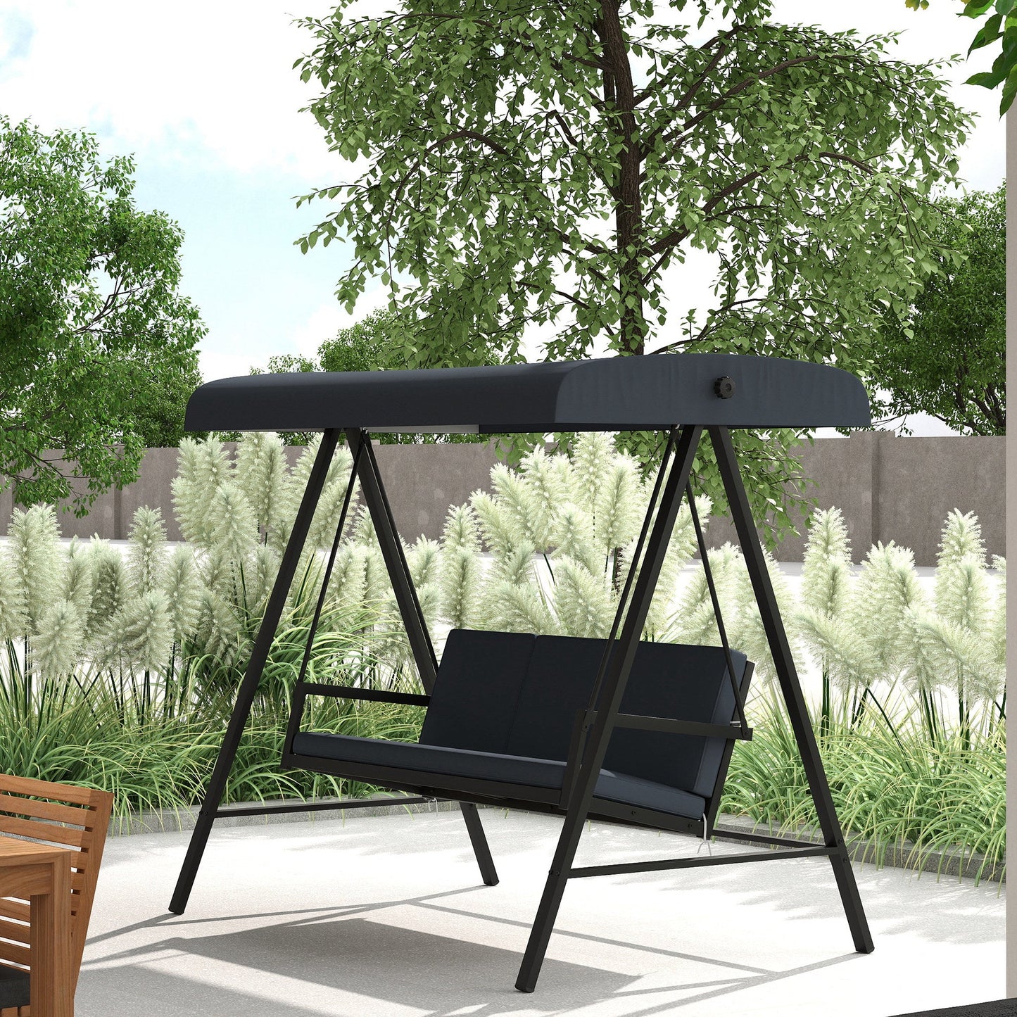 3 Seater Garden Swing Chair, Outdoor Hammock Bench with Adjustable Canopy, Removable Cushions and Steel Frame, Dark Grey