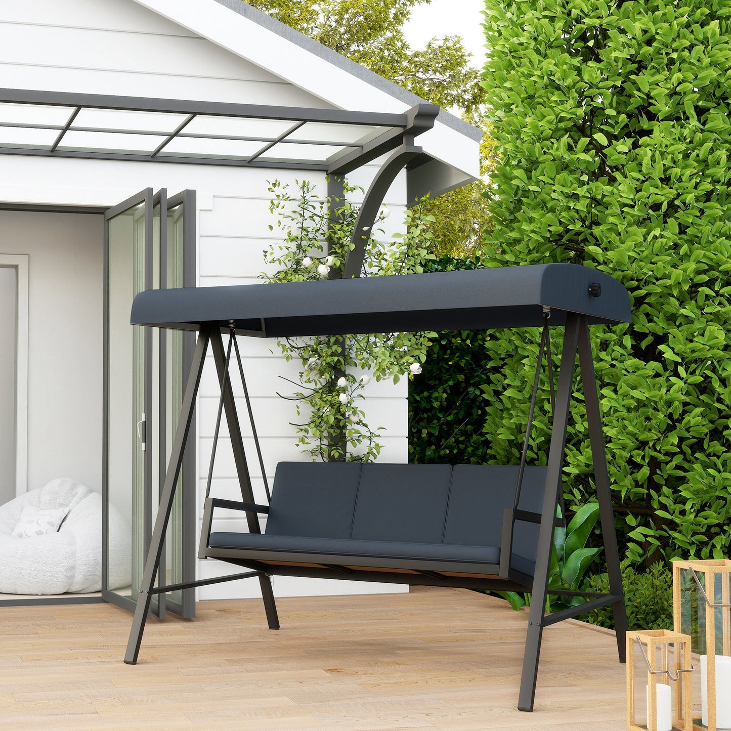 3 Seater Garden Swing Chair, Outdoor Hammock Bench with Adjustable Canopy, Removable Cushions and Steel Frame, Dark Grey