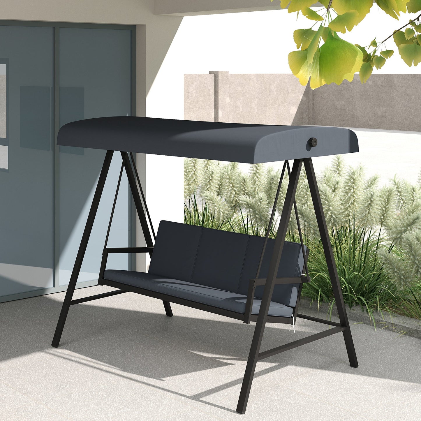 3 Seater Garden Swing Chair, Outdoor Hammock Bench with Adjustable Canopy, Removable Cushions and Steel Frame, Dark Grey