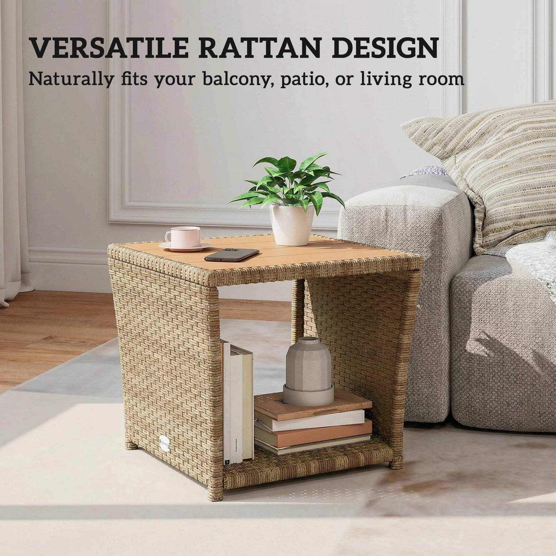 2-Tier PE Rattan Side Table with Storage Shelf, Square Outdoor Coffee Table with PS Wood Slat Top, UV-Resistant for Patio, Garden, Balcony, Khaki