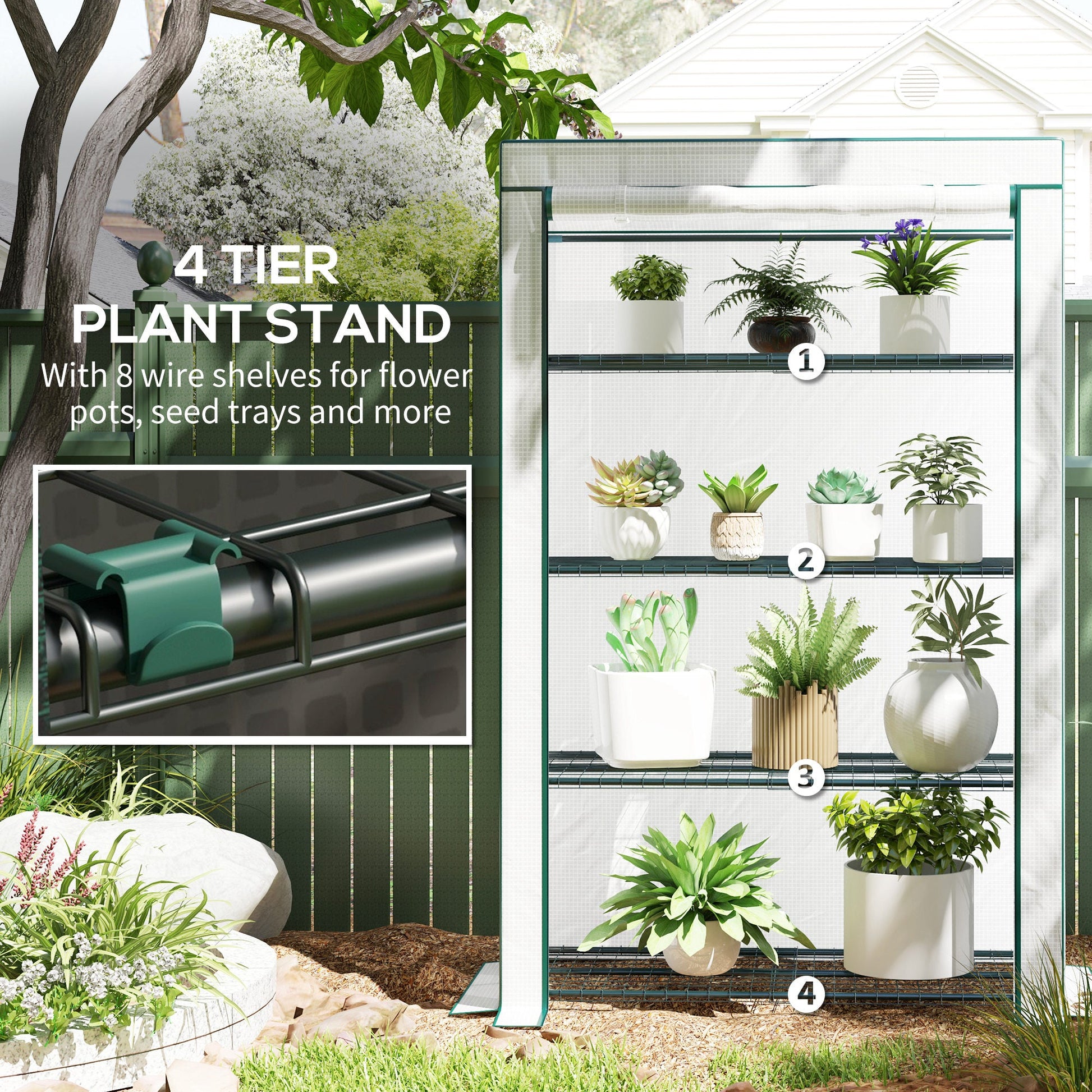 4 Tier Lean-to Mini Greenhouse with Reinforced PE Cover, Portable Small Greenhouse with Roll-Up Door, Green Hemmed Edging, 110 x 50 x 171cm, Green
