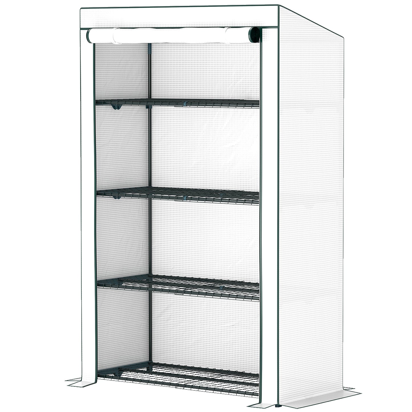 4 Tier Lean-to Mini Greenhouse with Reinforced PE Cover, Portable Small Greenhouse with Roll-Up Door, Green Hemmed Edging, 110 x 50 x 171cm, Green