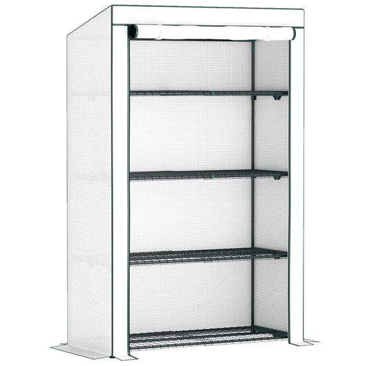 4 Tier Lean-to Mini Greenhouse with Reinforced PE Cover, Portable Small Greenhouse with Roll-Up Door, Green Hemmed Edging, 110 x 50 x 171cm, Green