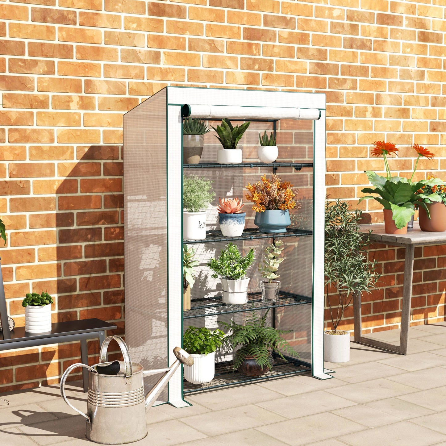 4 Tier Lean-to Mini Greenhouse with Reinforced PE Cover, Portable Small Greenhouse with Roll-Up Door, Green Hemmed Edging, 110 x 50 x 171cm, Green