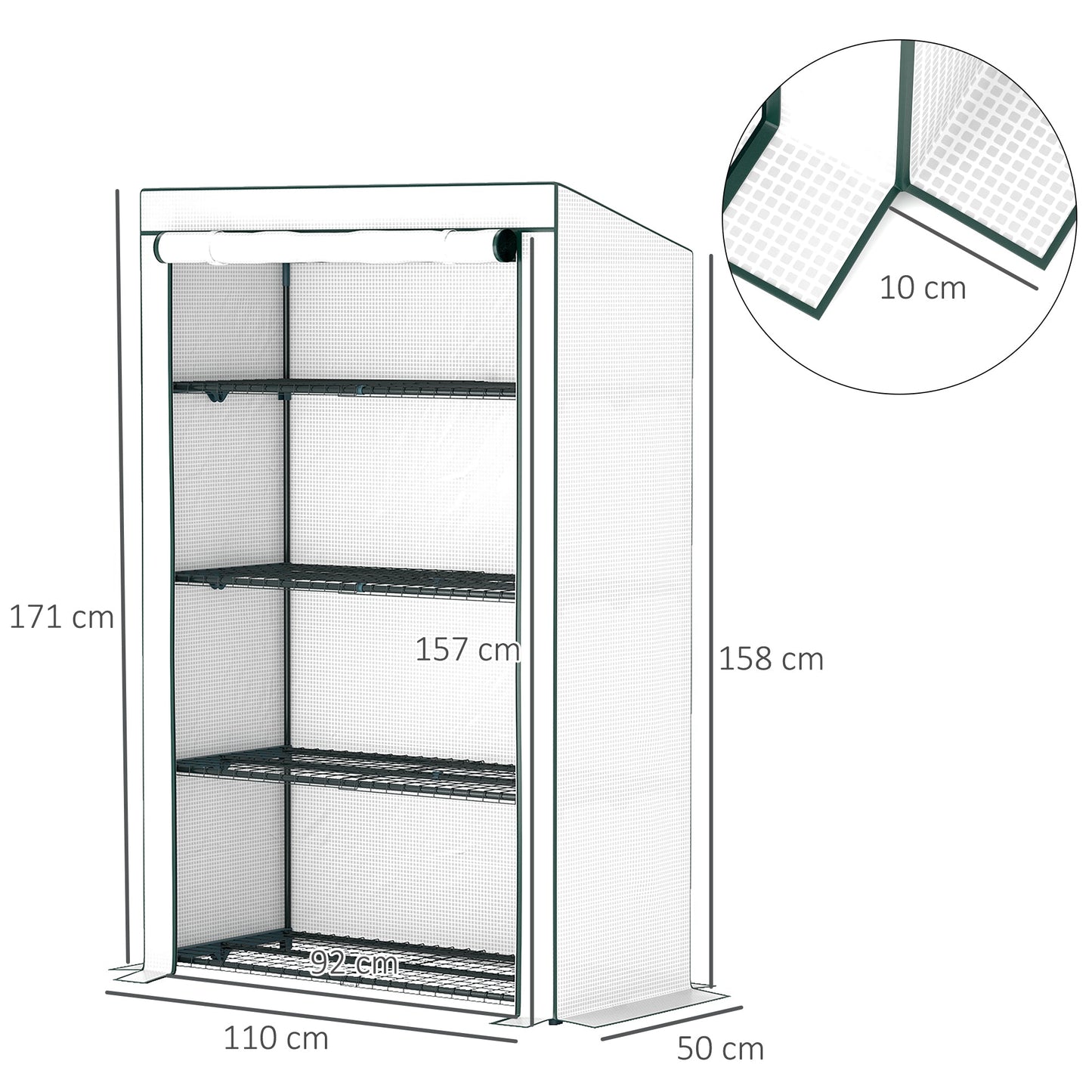 4 Tier Lean-to Mini Greenhouse with Reinforced PE Cover, Portable Small Greenhouse with Roll-Up Door, Green Hemmed Edging, 110 x 50 x 171cm, Green
