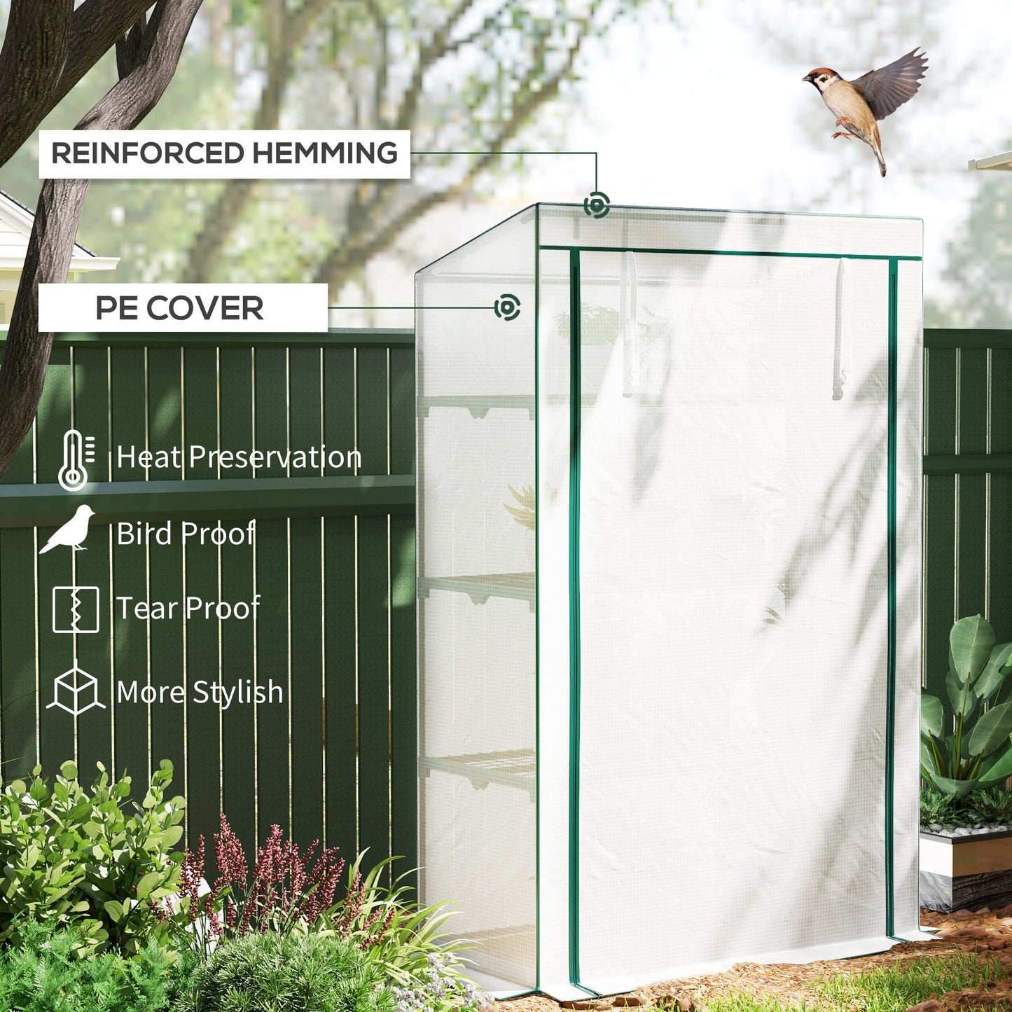 4 Tier Lean-to Mini Greenhouse with Reinforced PE Cover, Portable Small Greenhouse with Roll-Up Door, Green Hemmed Edging, 110 x 50 x 171cm, Green