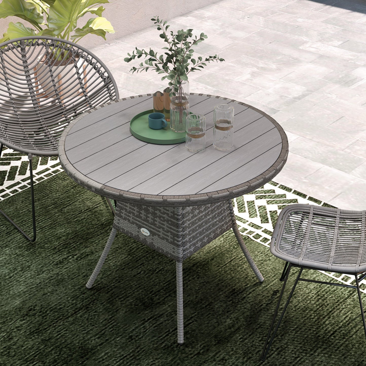 90 cm Outdoor Dining Table, PE Rattan Patio Table with Wood-plastic Composite Top for Balcony, Garden, Grey