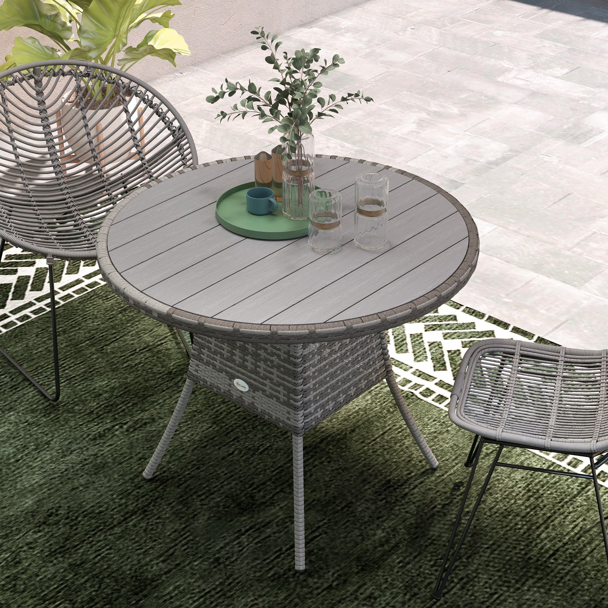 90 cm Outdoor Dining Table, PE Rattan Patio Table with Wood-plastic Composite Top for Balcony, Garden, Grey