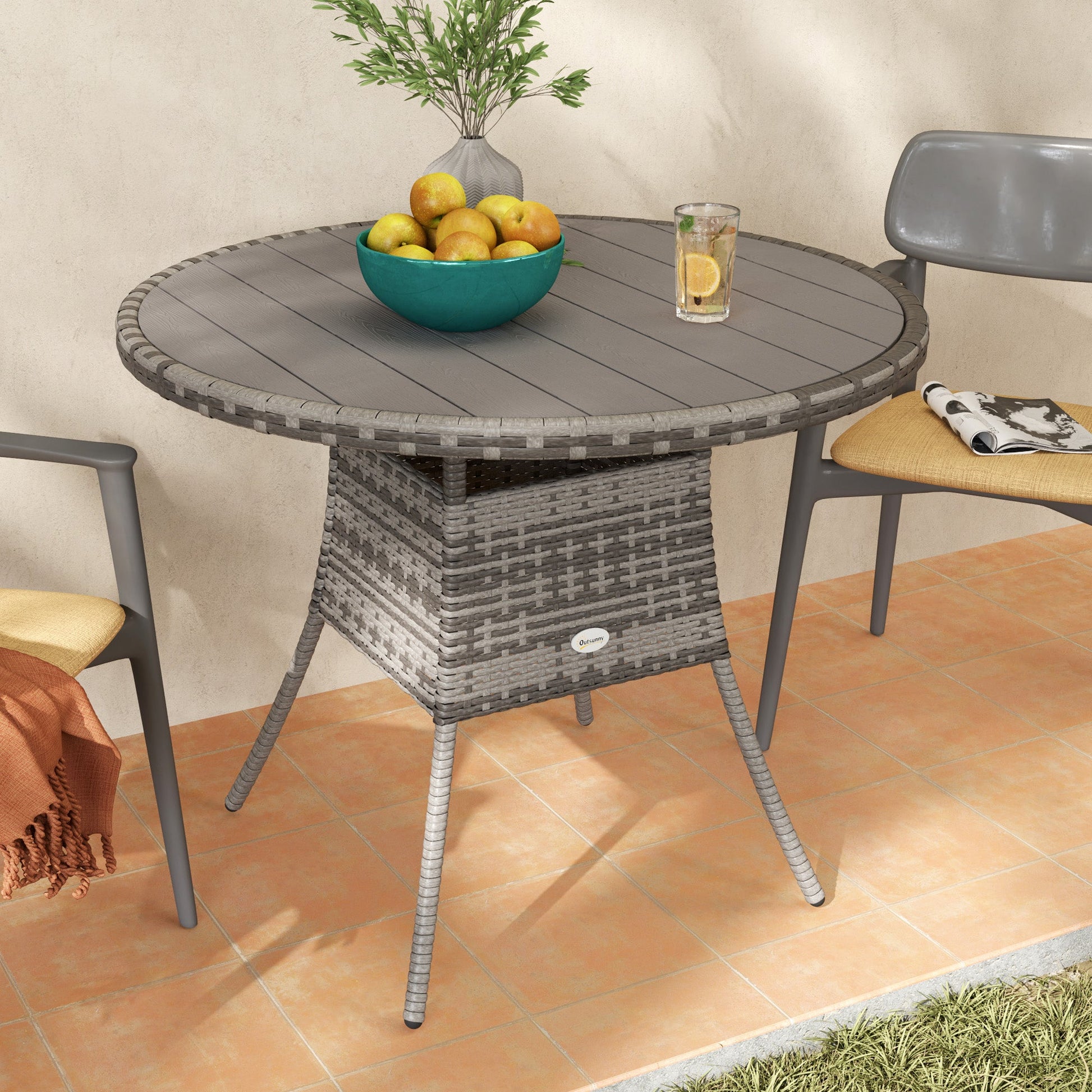 90 cm Outdoor Dining Table, PE Rattan Patio Table with Wood-plastic Composite Top for Balcony, Garden, Grey