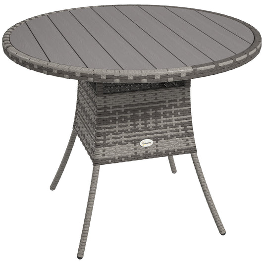 90 cm Outdoor Dining Table, PE Rattan Patio Table with Wood-plastic Composite Top for Balcony, Garden, Grey