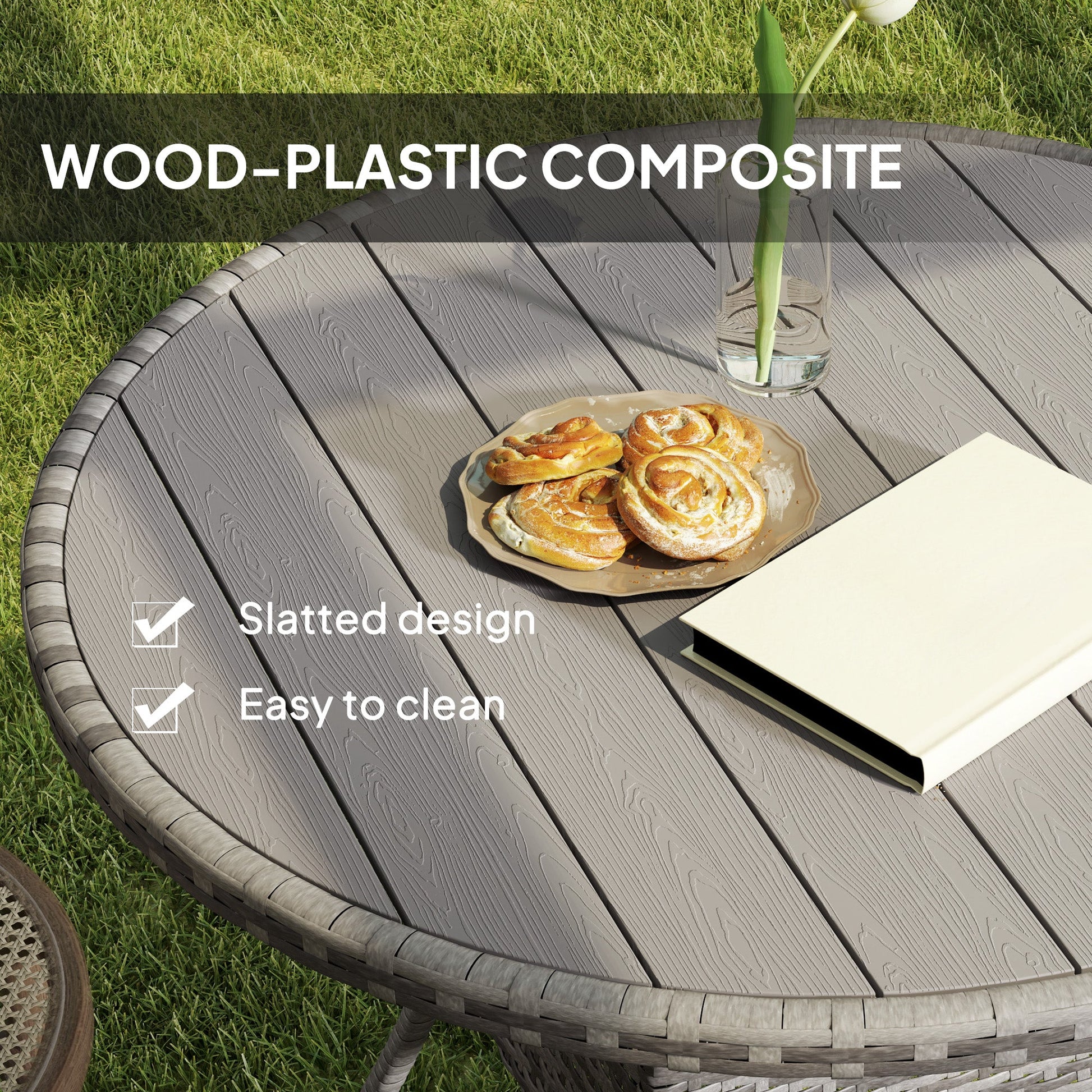 90 cm Outdoor Dining Table, PE Rattan Patio Table with Wood-plastic Composite Top for Balcony, Garden, Grey