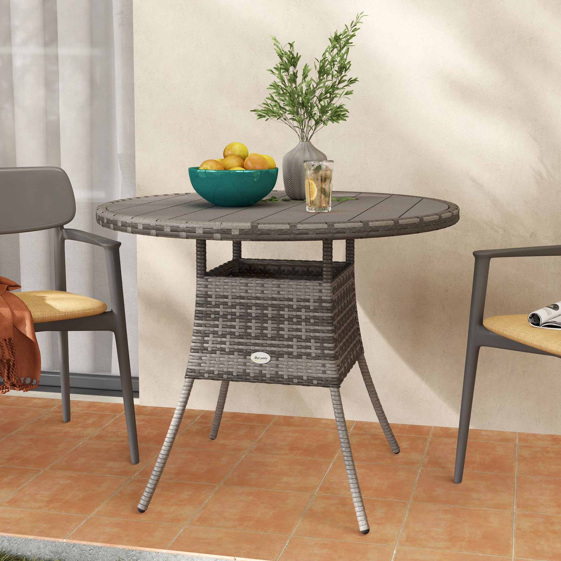 90 cm Outdoor Dining Table, PE Rattan Patio Table with Wood-plastic Composite Top for Balcony, Garden, Grey
