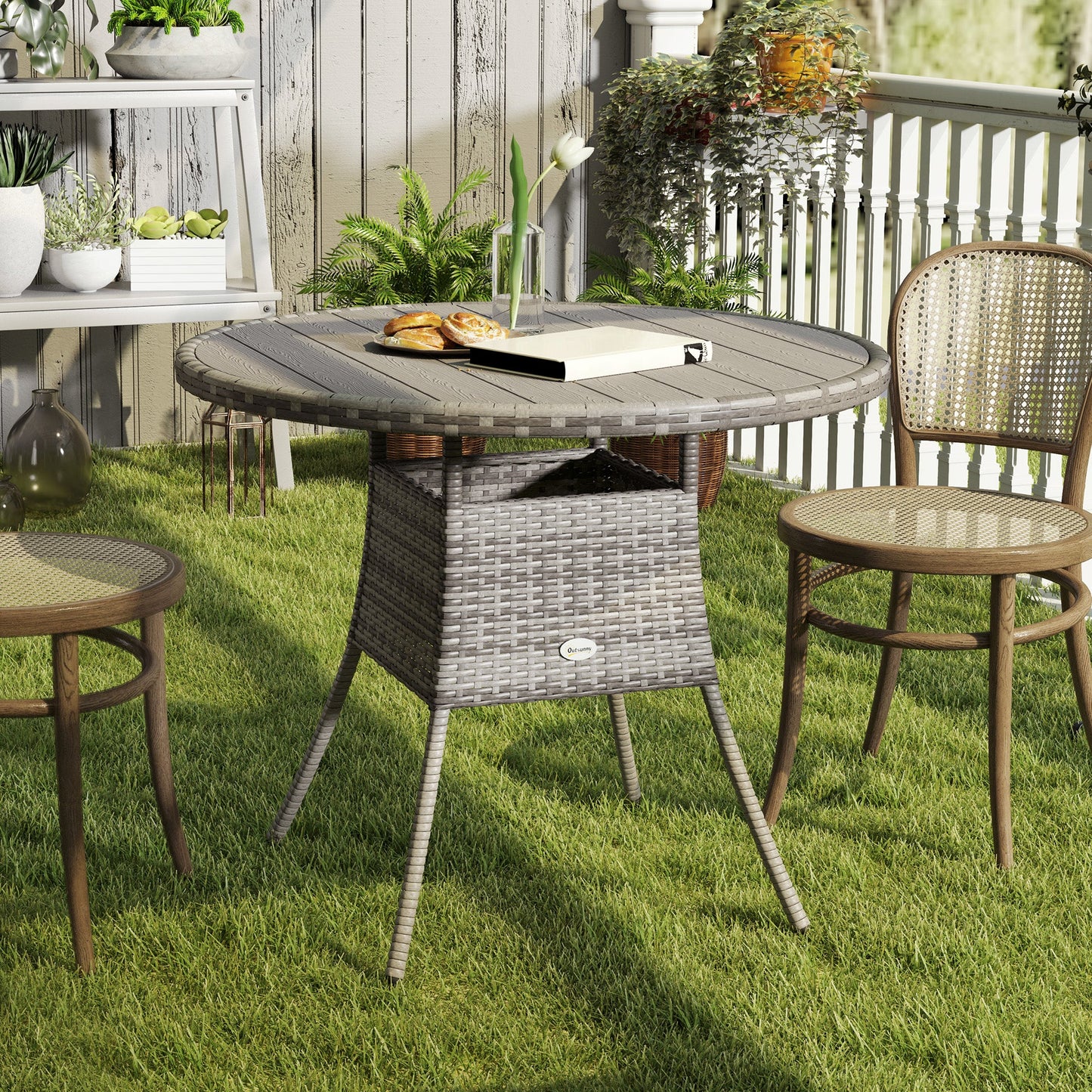 90 cm Outdoor Dining Table, PE Rattan Patio Table with Wood-plastic Composite Top for Balcony, Garden, Grey