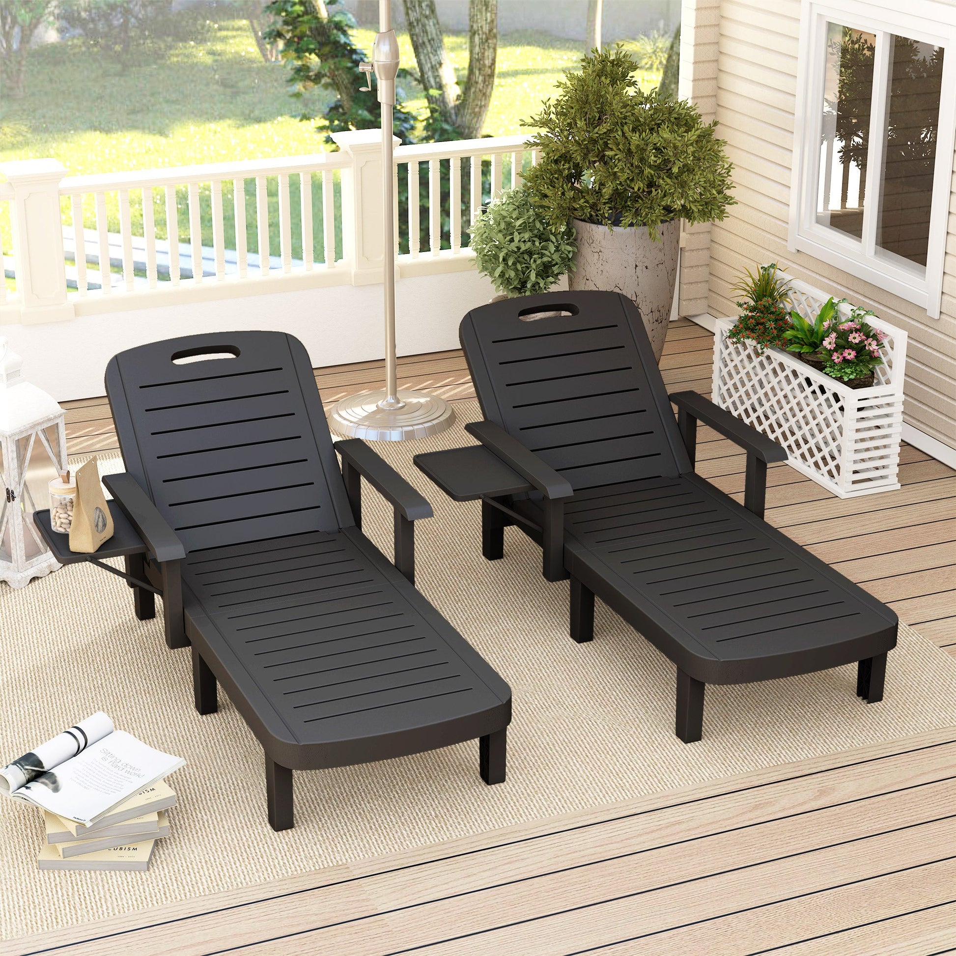 Set of 2 Resin Reclining Sun Loungers for Garden, 5 Positions Adjustable Outdoor Chaise Lounge Chair with Wood Texture Surface, Armrests, Foldable Side Table for Garden, Beach, Black