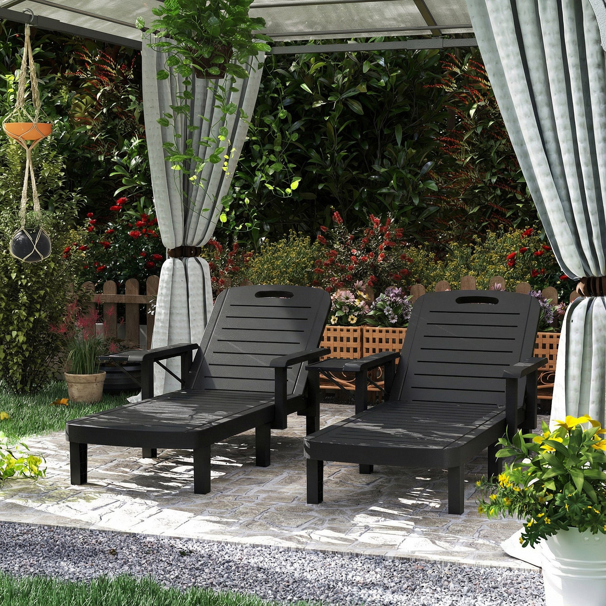 Set of 2 Resin Reclining Sun Loungers for Garden, 5 Positions Adjustable Outdoor Chaise Lounge Chair with Wood Texture Surface, Armrests, Foldable Side Table for Garden, Beach, Black