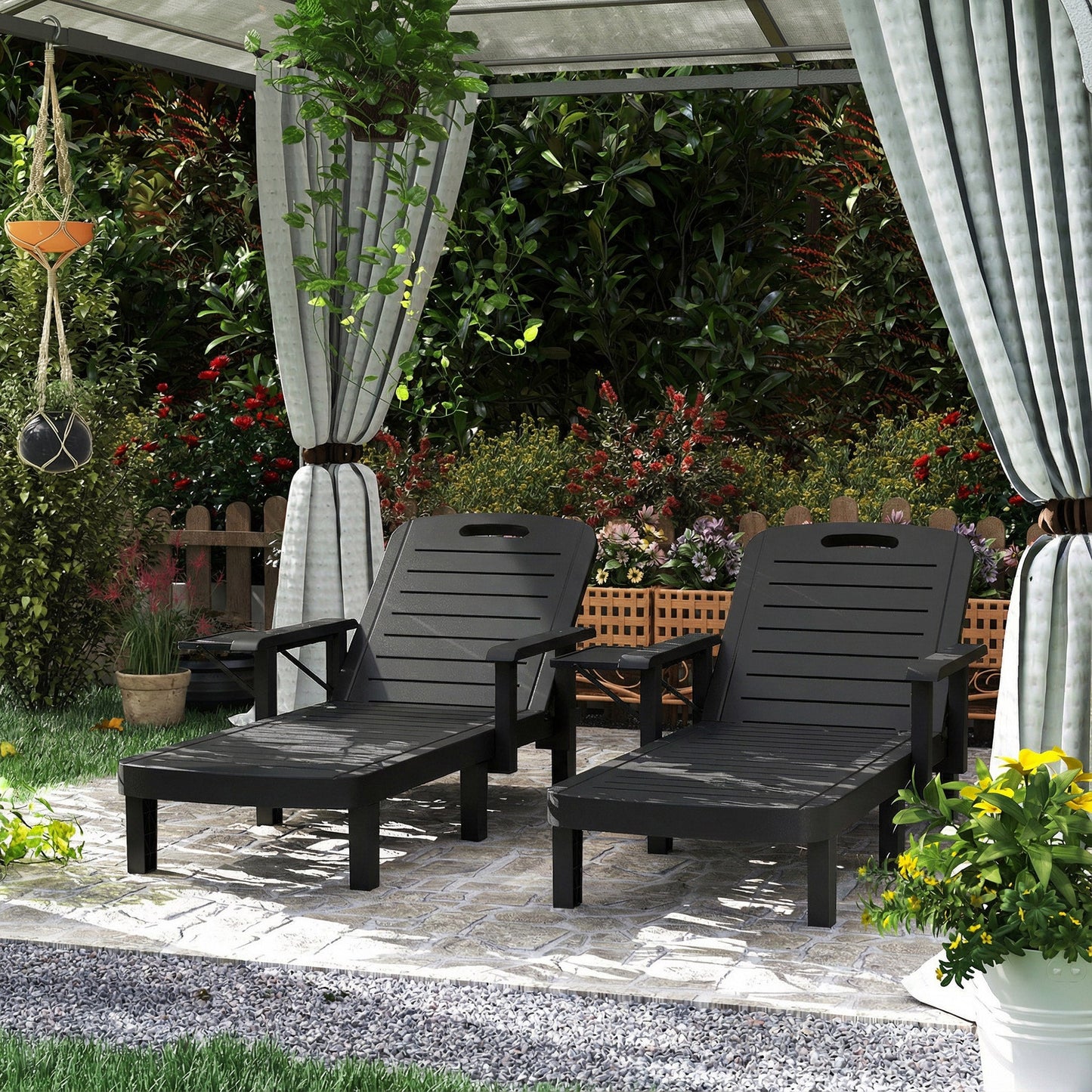 Set of 2 Resin Reclining Sun Loungers for Garden, 5 Positions Adjustable Outdoor Chaise Lounge Chair with Wood Texture Surface, Armrests, Foldable Side Table for Garden, Beach, Black