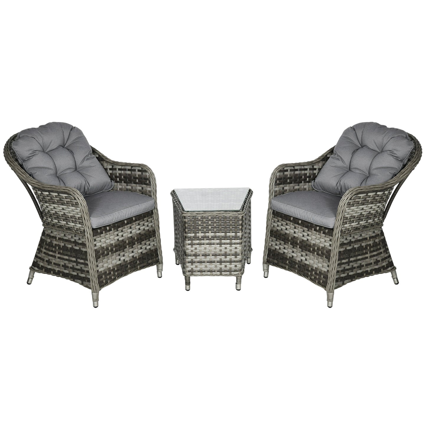3 Pieces Rattan Bistro Set, Wicker Garden Bistro Set, Glass Top Balcony Table and Chairs with Cushions for Outdoor, Patio, Balcony, Grey