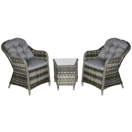 3 Pieces Rattan Bistro Set, Wicker Garden Bistro Set, Glass Top Balcony Table and Chairs with Cushions for Outdoor, Patio, Balcony, Grey