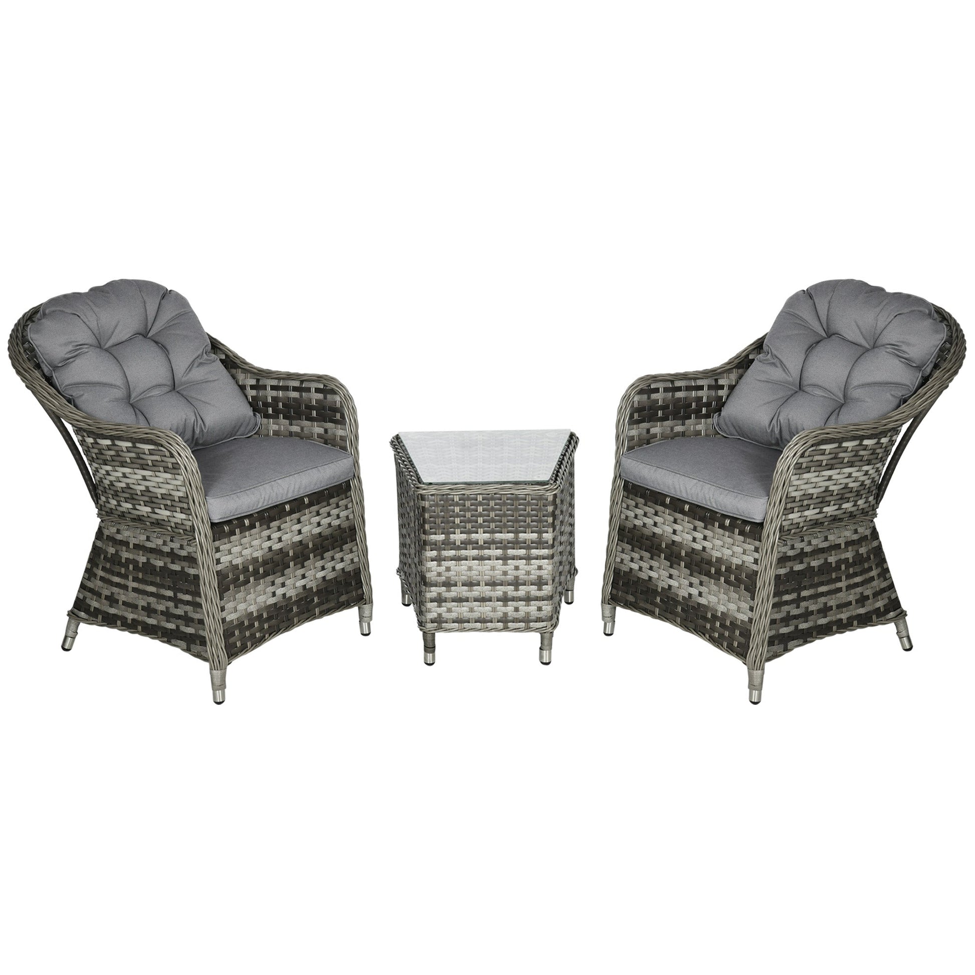 3 Pieces Rattan Bistro Set, Wicker Garden Bistro Set, Glass Top Balcony Table and Chairs with Cushions for Outdoor, Patio, Balcony, Grey