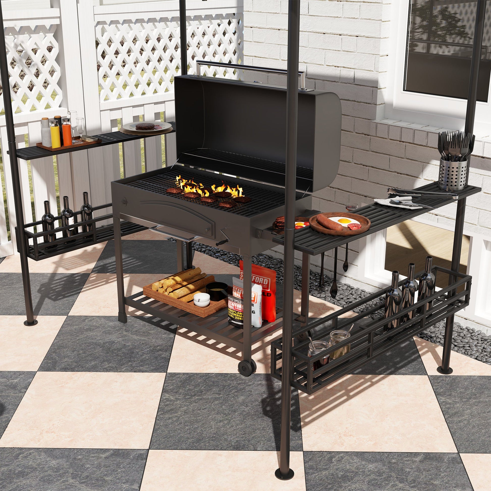 8' x 5' Grill Gazebo Canopy, Double Tiered Outdoor BBQ Gazebo Shelter with 2 Side Shelves, Storage Baskets, Hook for Garden, Patio, Barbecue, Picnic, Beige