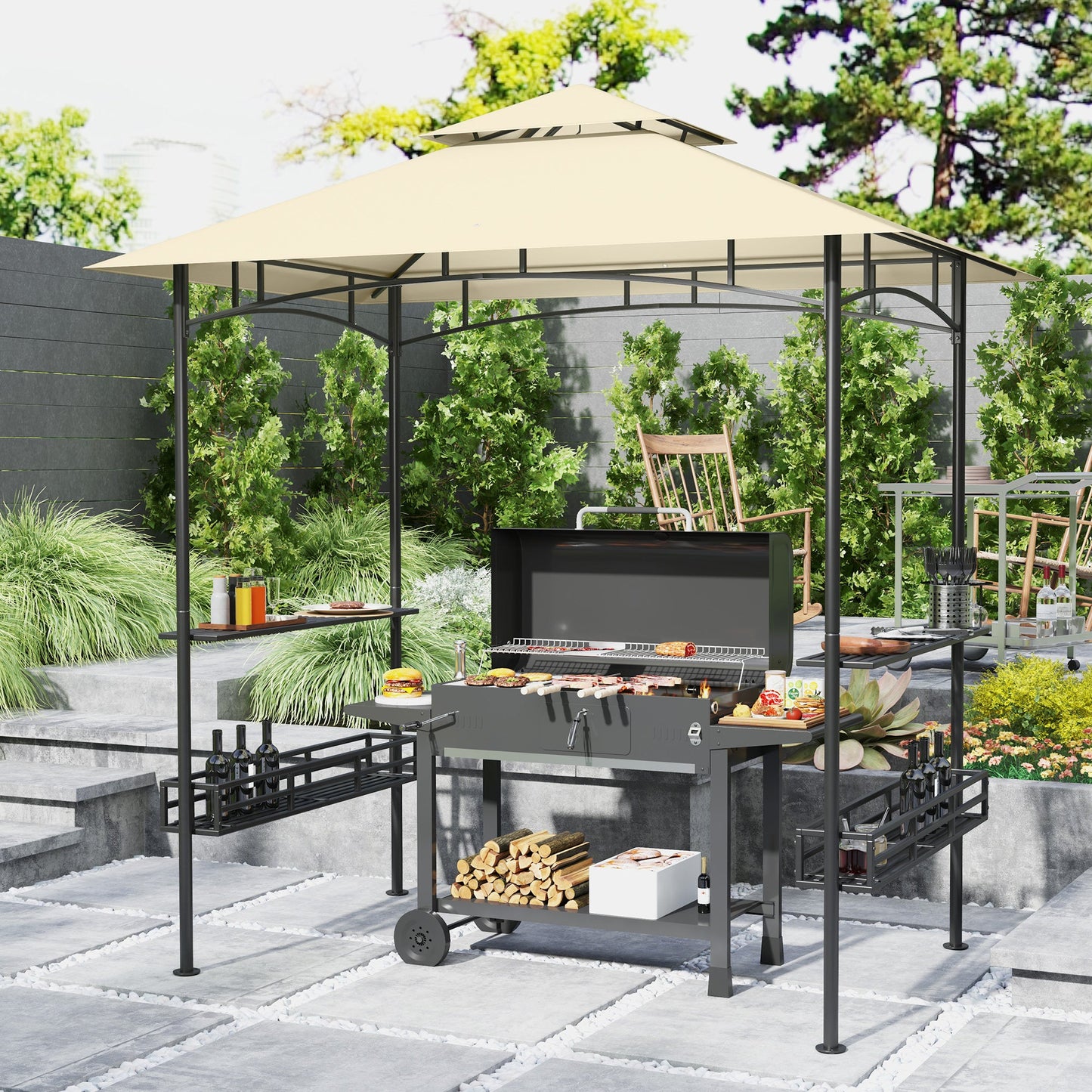 8' x 5' Grill Gazebo Canopy, Double Tiered Outdoor BBQ Gazebo Shelter with 2 Side Shelves, Storage Baskets, Hook for Garden, Patio, Barbecue, Picnic, Beige