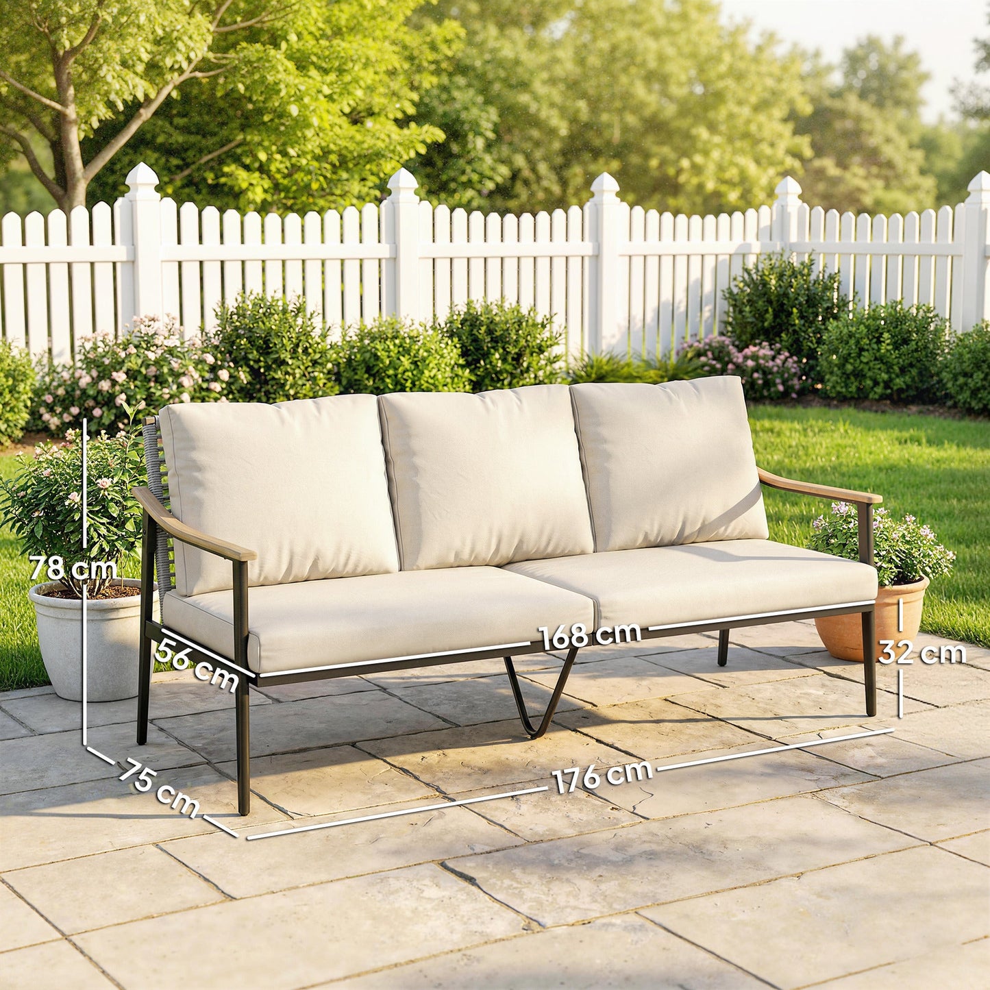 3 Seater Rattan Sofa, Outdoor Garden Sofa with Wood-Effect Armrests, PE Rattan Garden Furniture with Cushions, Steel Frame for Porch, Patio, Balcony, Khaki