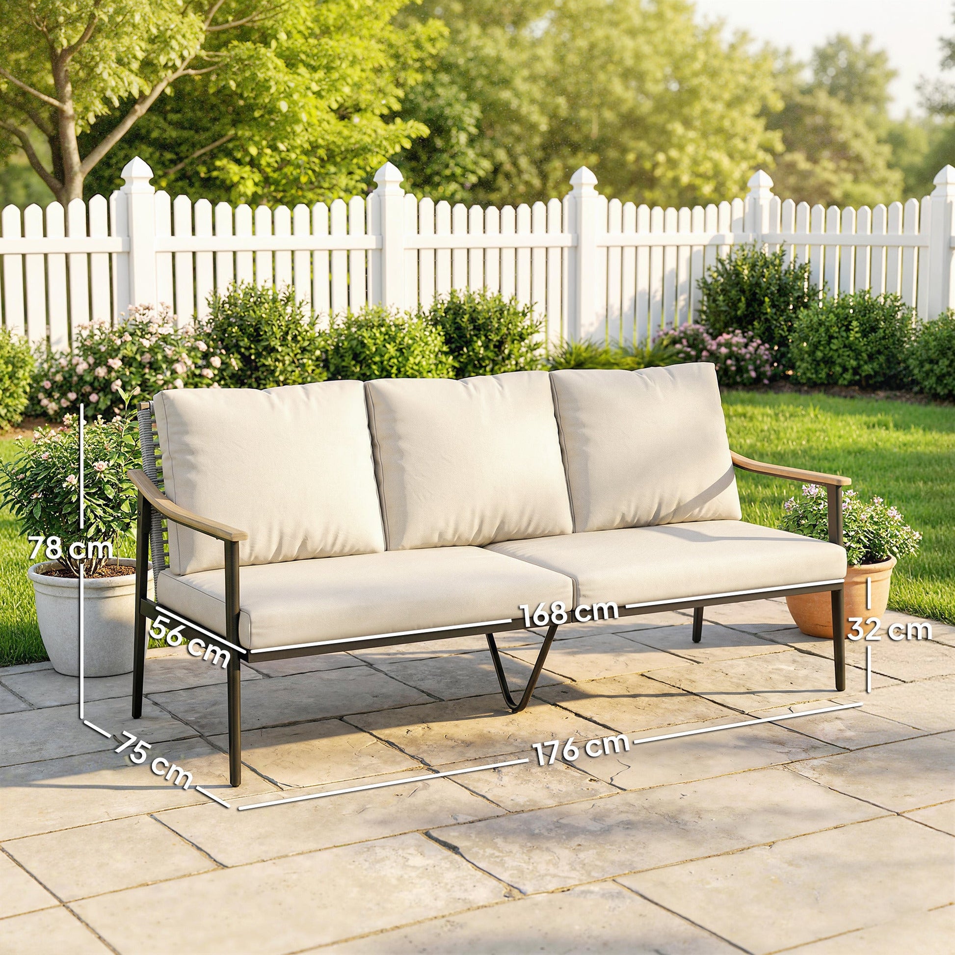 3 Seater Rattan Sofa, Outdoor Garden Sofa with Wood-Effect Armrests, PE Rattan Garden Furniture with Cushions, Steel Frame for Porch, Patio, Balcony, Khaki