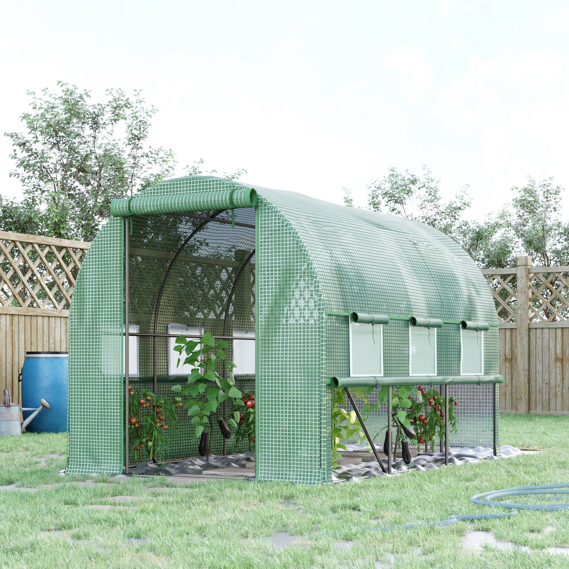 3 x 2 x 2m Polytunnel Greenhouse with Roll-up Sidewalls, Door and 6 Mesh Windows, Walk In Green House with UV-resistant PE Cover, Green