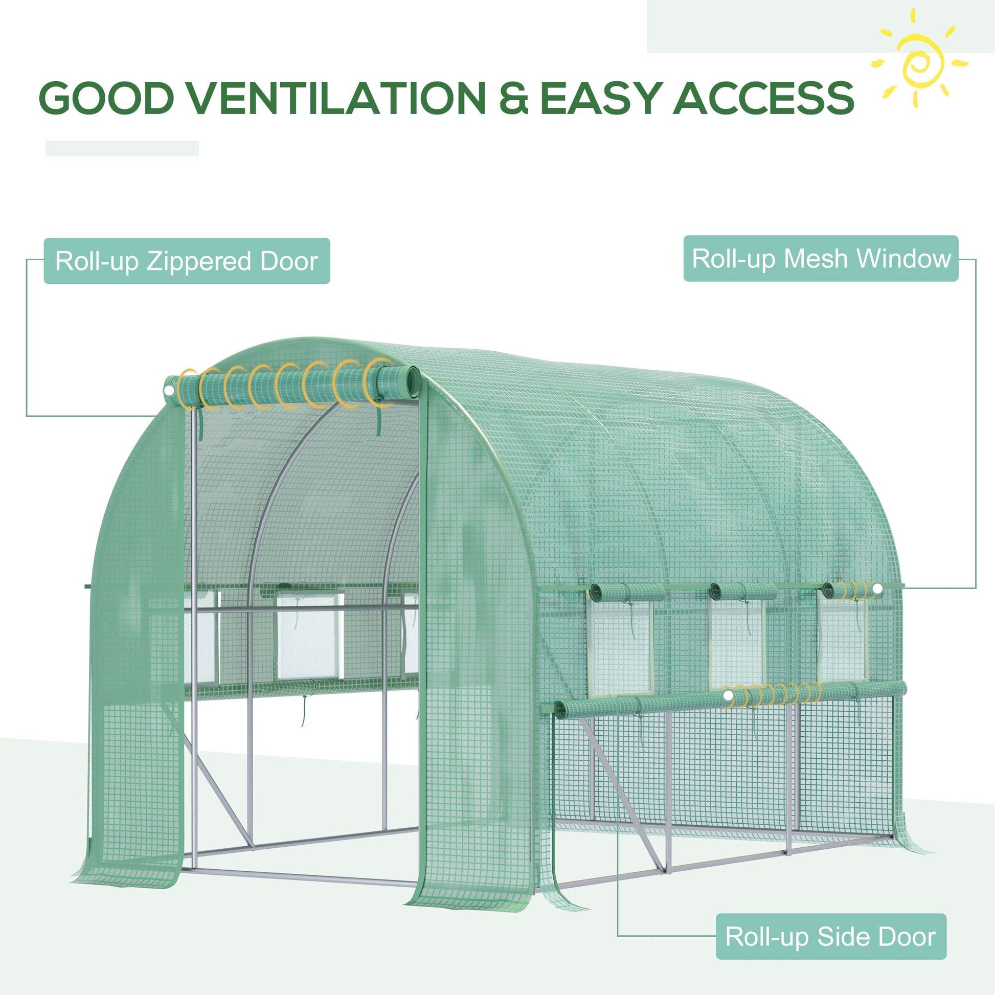 3 x 2 x 2m Polytunnel Greenhouse with Roll-up Sidewalls, Door and 6 Mesh Windows, Walk In Green House with UV-resistant PE Cover, Green