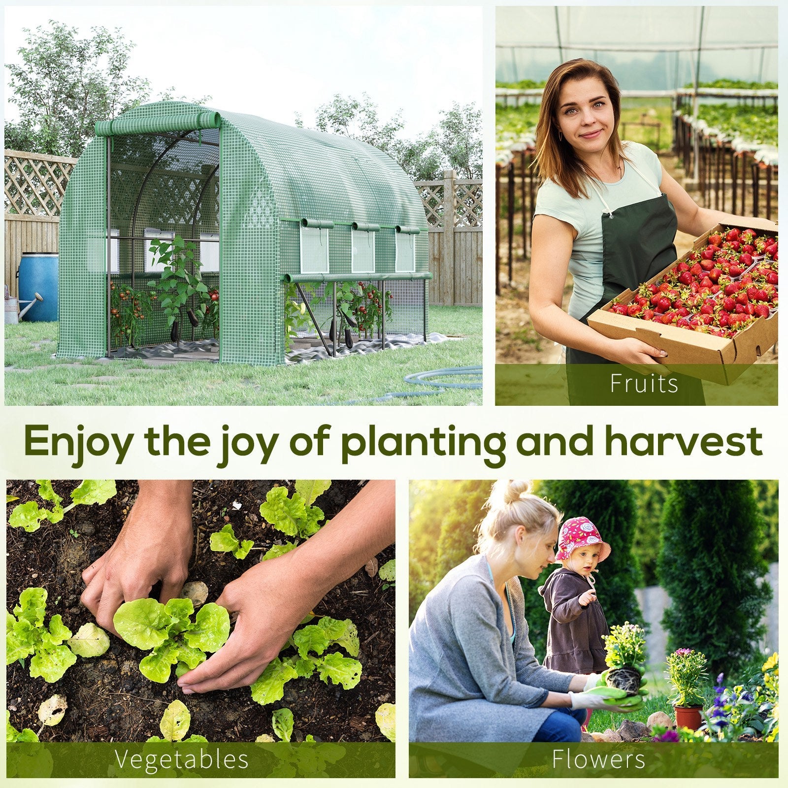 3 x 2 x 2m Polytunnel Greenhouse with Roll-up Sidewalls, Door and 6 Mesh Windows, Walk In Green House with UV-resistant PE Cover, Green