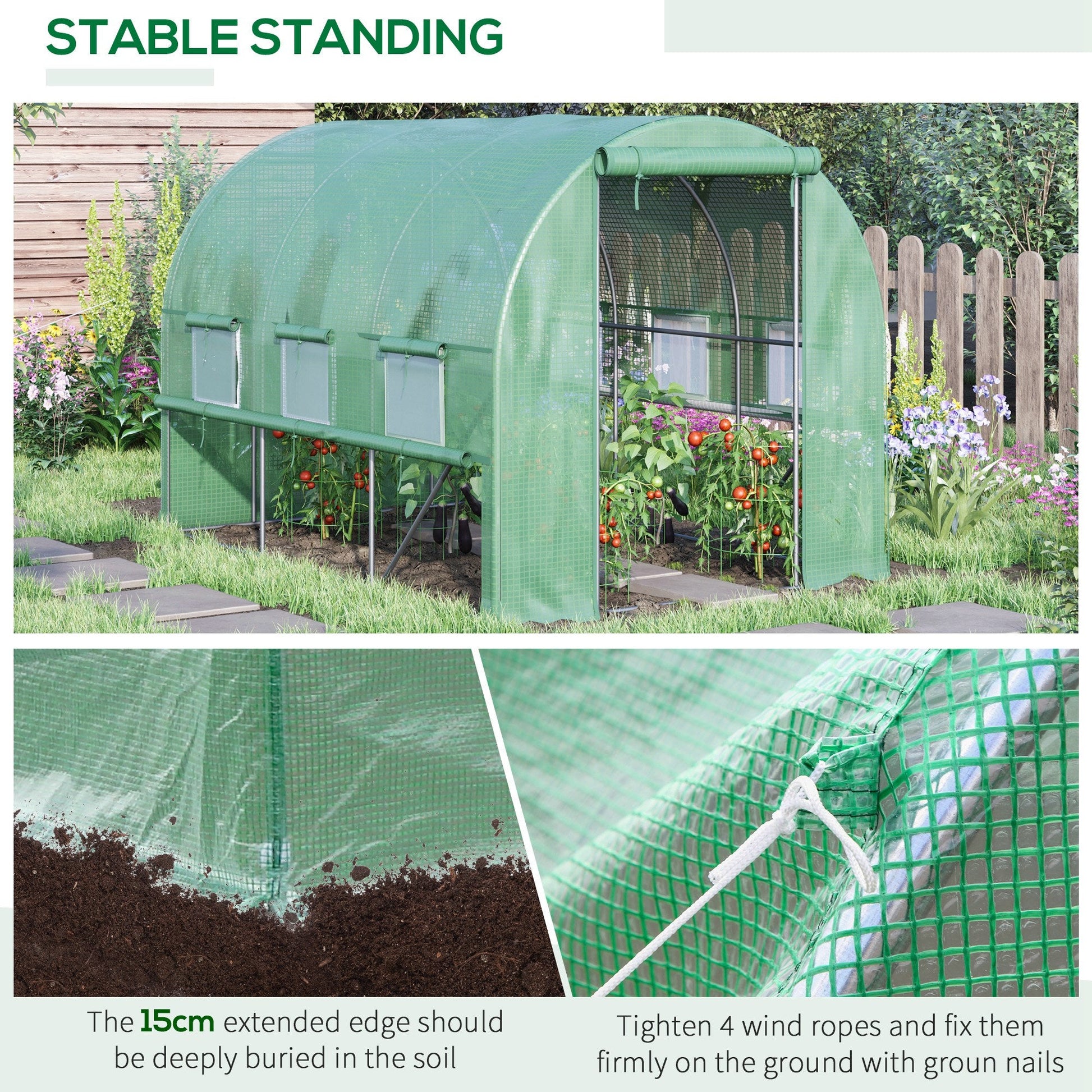 3 x 2 x 2m Polytunnel Greenhouse with Roll-up Sidewalls, Door and 6 Mesh Windows, Walk In Green House with UV-resistant PE Cover, Green