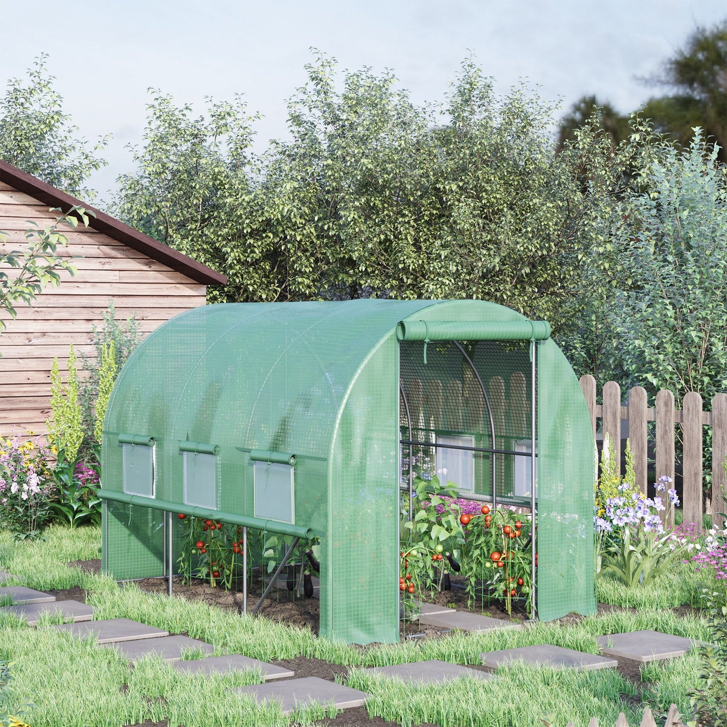 3 x 2 x 2m Polytunnel Greenhouse with Roll-up Sidewalls, Door and 6 Mesh Windows, Walk In Green House with UV-resistant PE Cover, Green