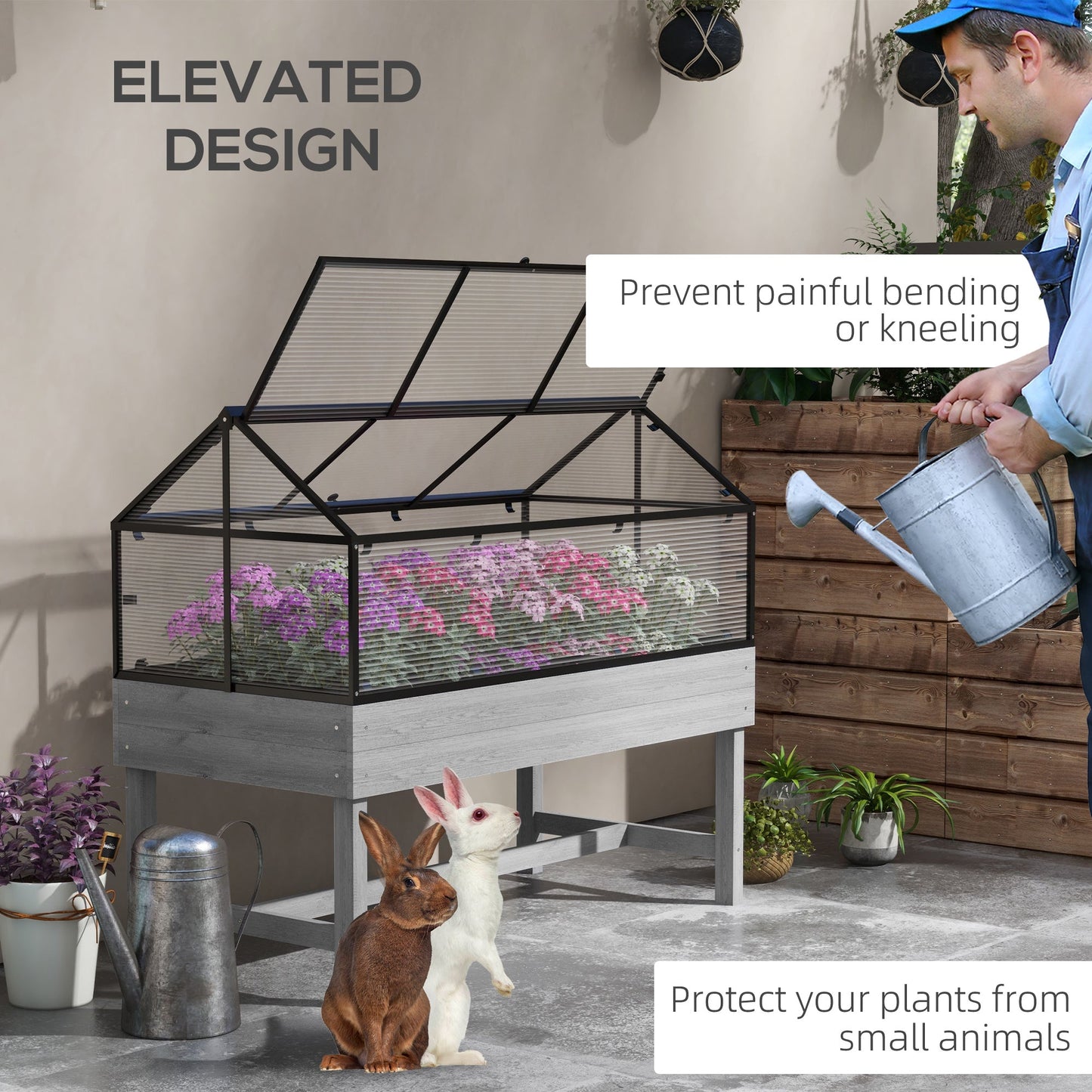 Raised Garden Bed with Cold Frame Greenhouse, Elevated Wood Planter Box with Polycarbonate Panel and Top Vent for Vegetables, Flowers, Herbs, 120 x 60 x 103cm, Distressed Grey