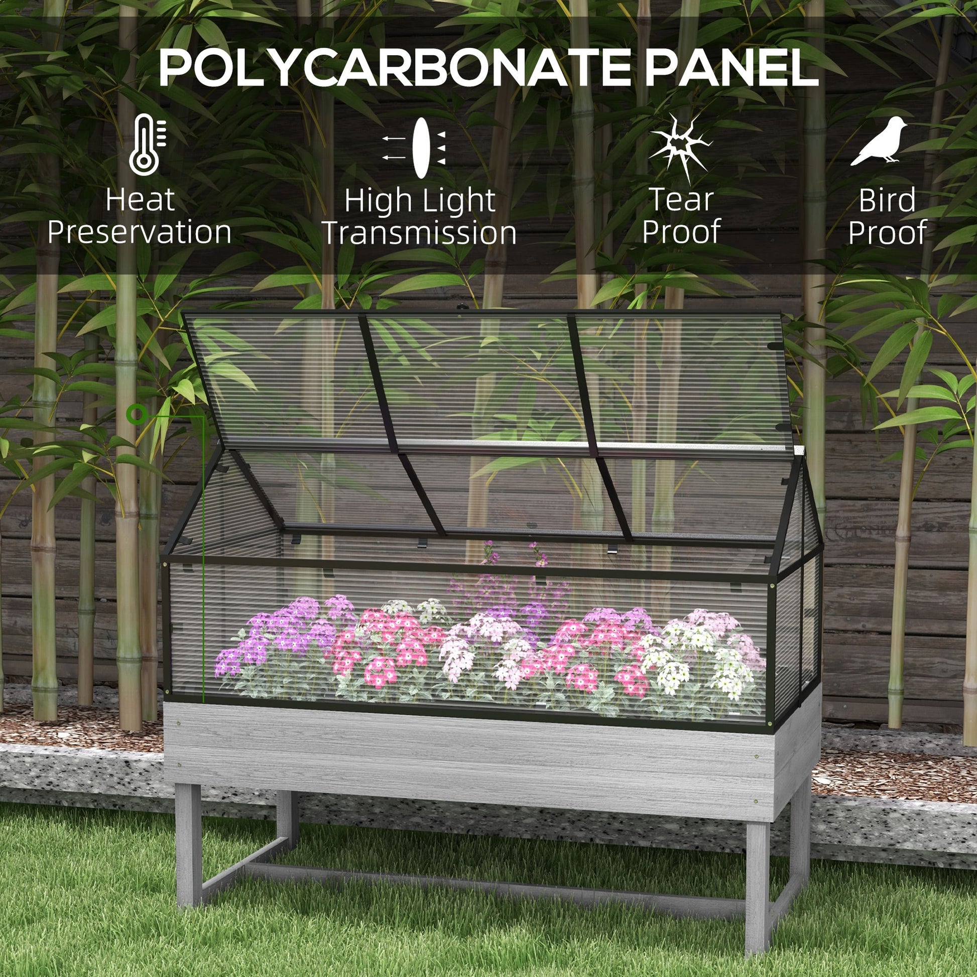 Raised Garden Bed with Cold Frame Greenhouse, Elevated Wood Planter Box with Polycarbonate Panel and Top Vent for Vegetables, Flowers, Herbs, 120 x 60 x 103cm, Distressed Grey