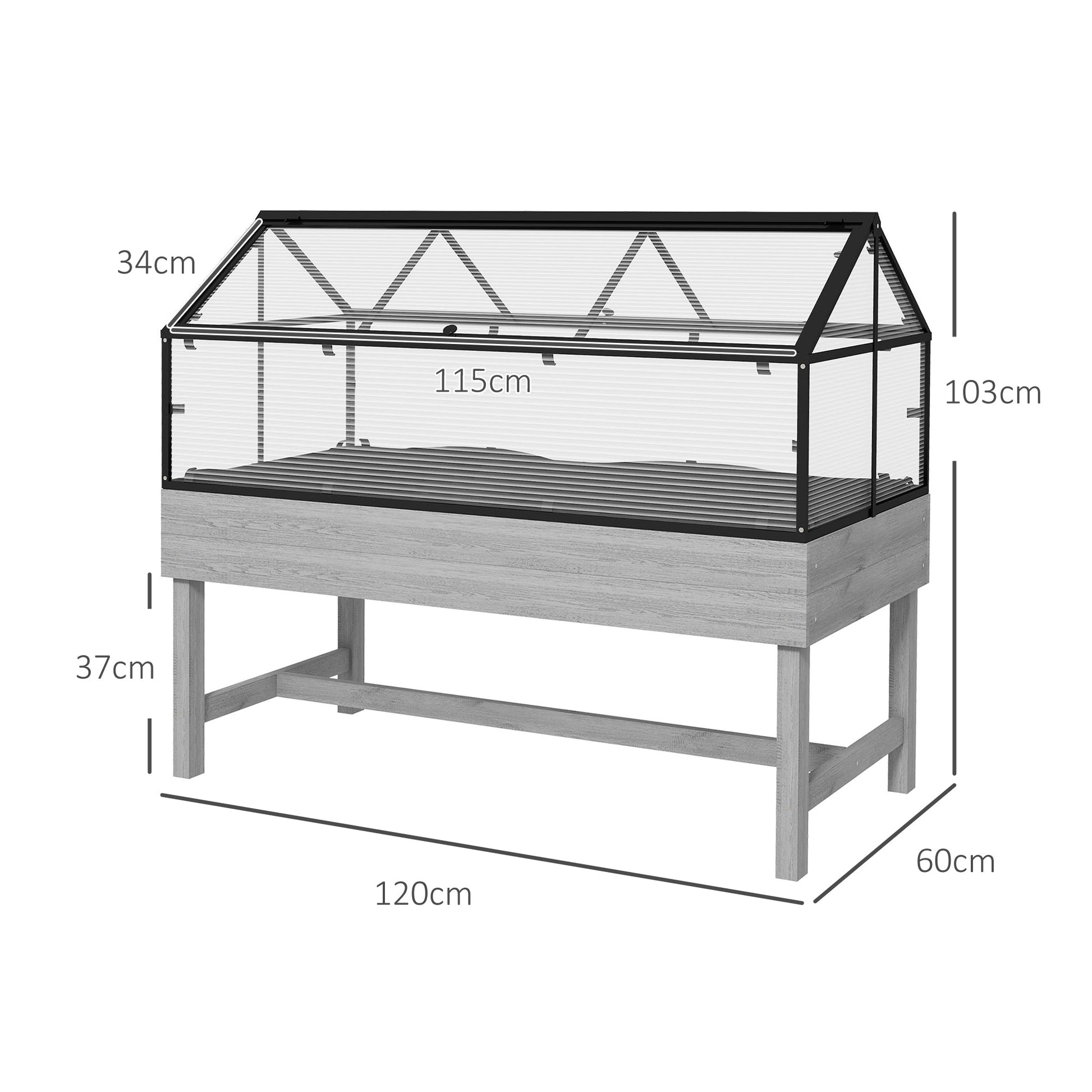 Raised Garden Bed with Cold Frame Greenhouse, Elevated Wood Planter Box with Polycarbonate Panel and Top Vent for Vegetables, Flowers, Herbs, 120 x 60 x 103cm, Distressed Grey