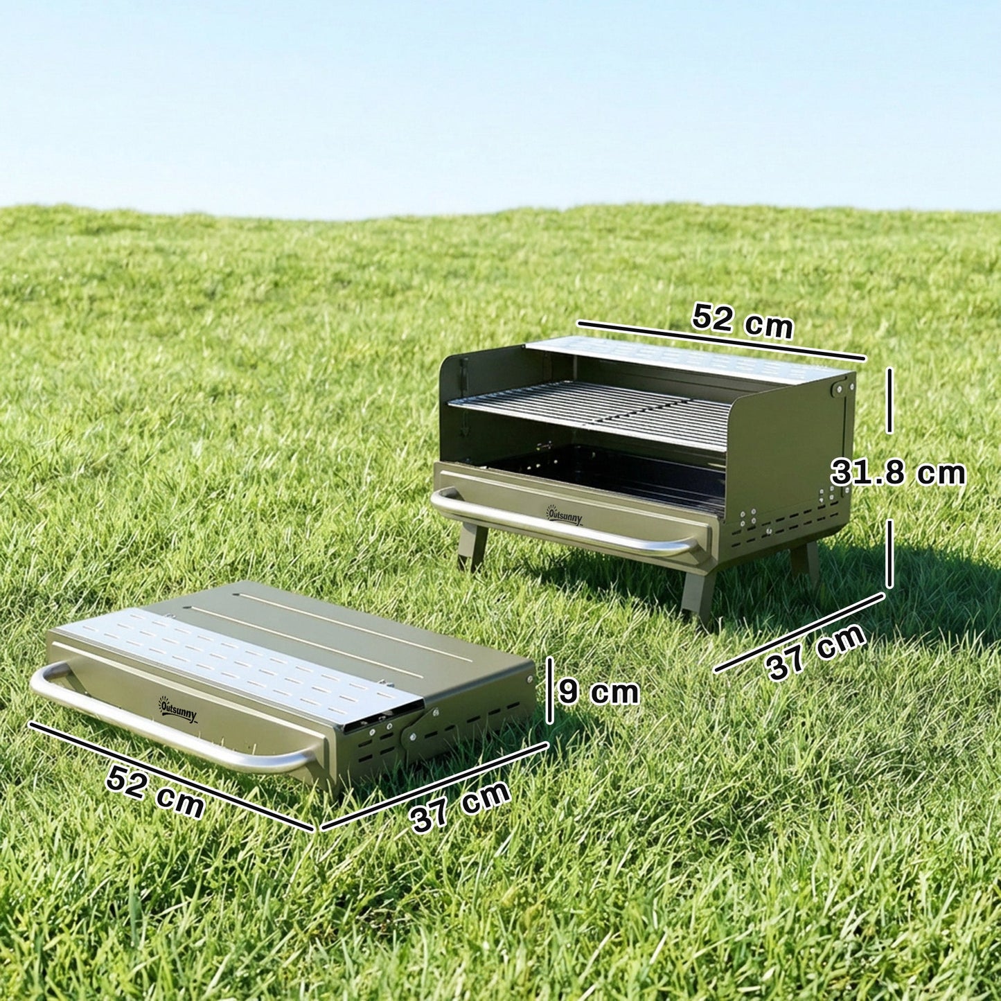 Portable BBQ Grill, Charcoal Barbecue Grill with Adjustable Grates, Foldable Legs and Side Shelf for Camping Hiking Picnic Travel Garden Outdoor Cooking, Green