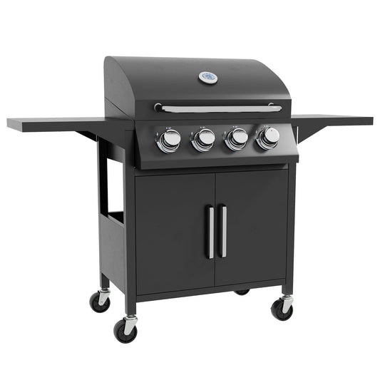 4 Burner Gas BBQ, Outdoor Grill, Portable Barbecue Trolley with Warming Rack, Side Shelves, Storage Cabinet, Thermometer, Carbon Steel, Black