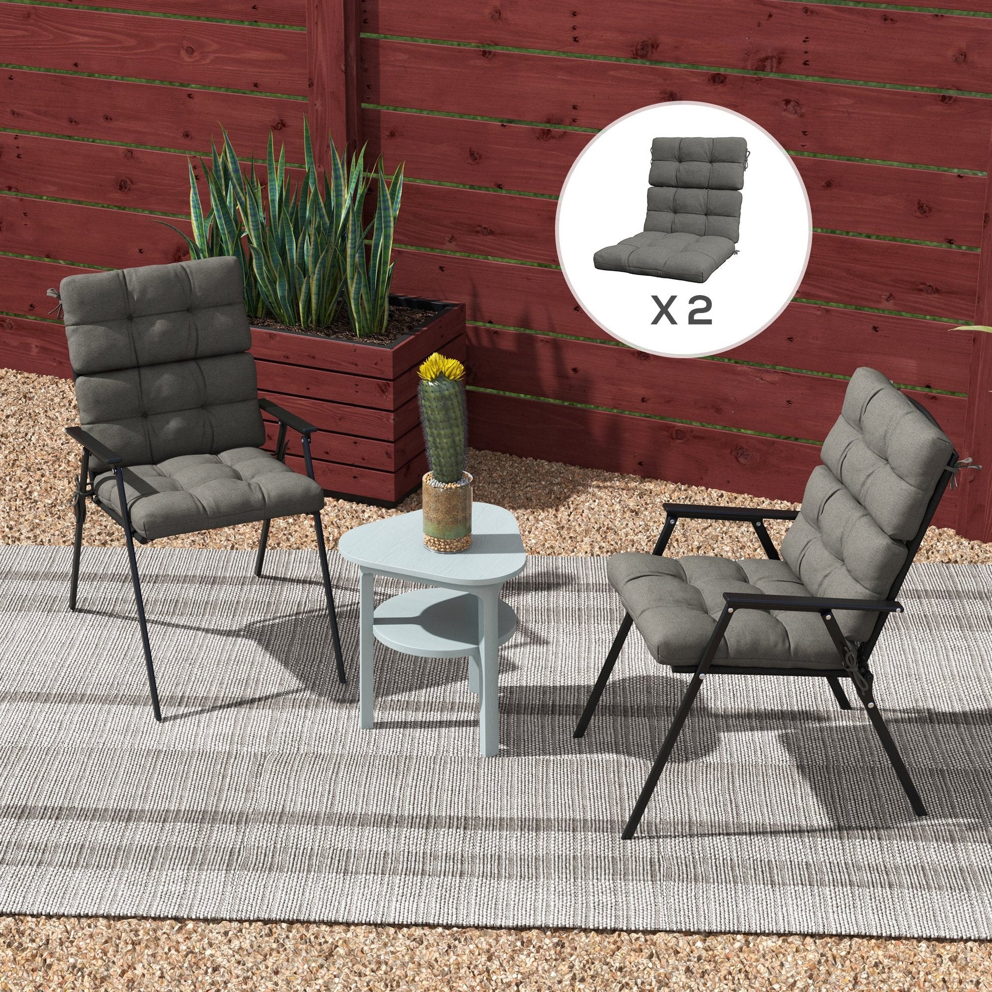 2pc Outdoor Seat Cushions with Backrest, Ties, Water Repellent Seat Pads for Chair, Garden Patio, Charcoal Grey
