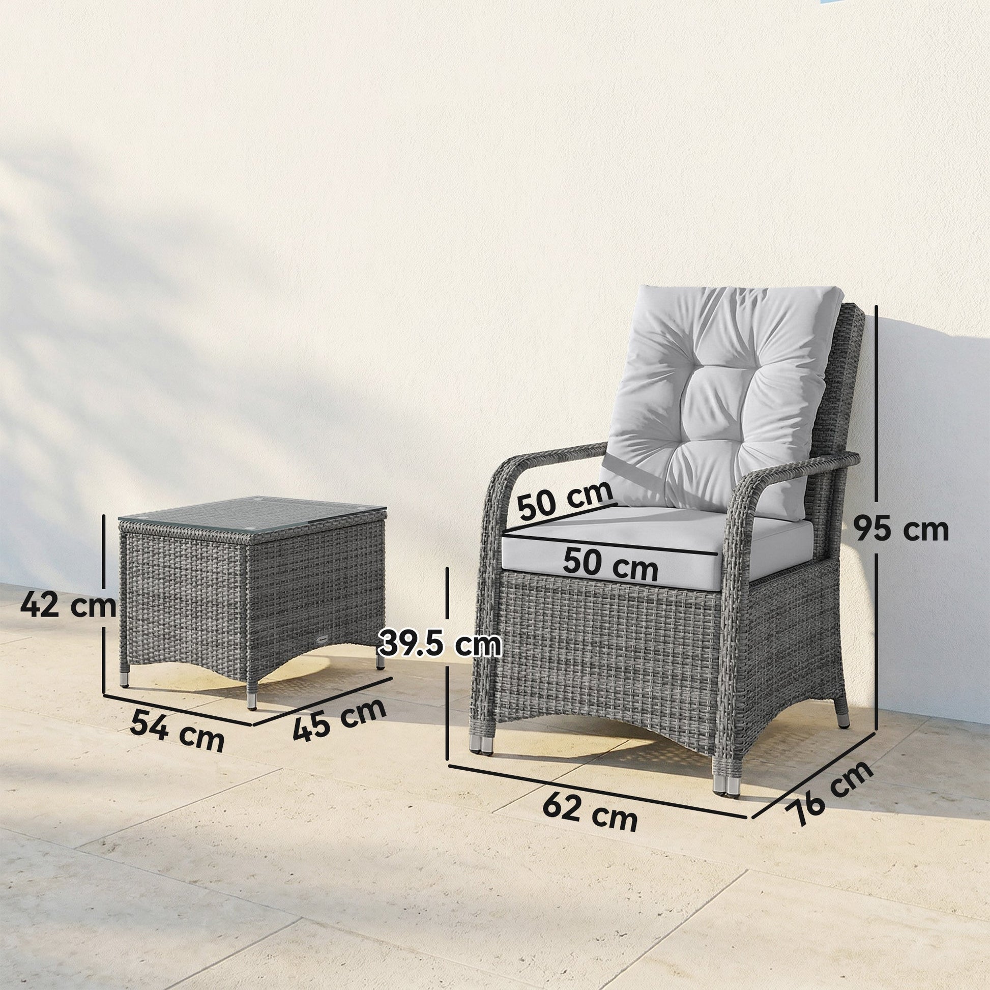 3 Pieces Rattan Bistro Set, Wicker Garden Furniture Set with Metal Frame, Cover, Glass Top Coffee Table, Chairs and Cushions for Outdoor, Patio, Balcony, Light Grey