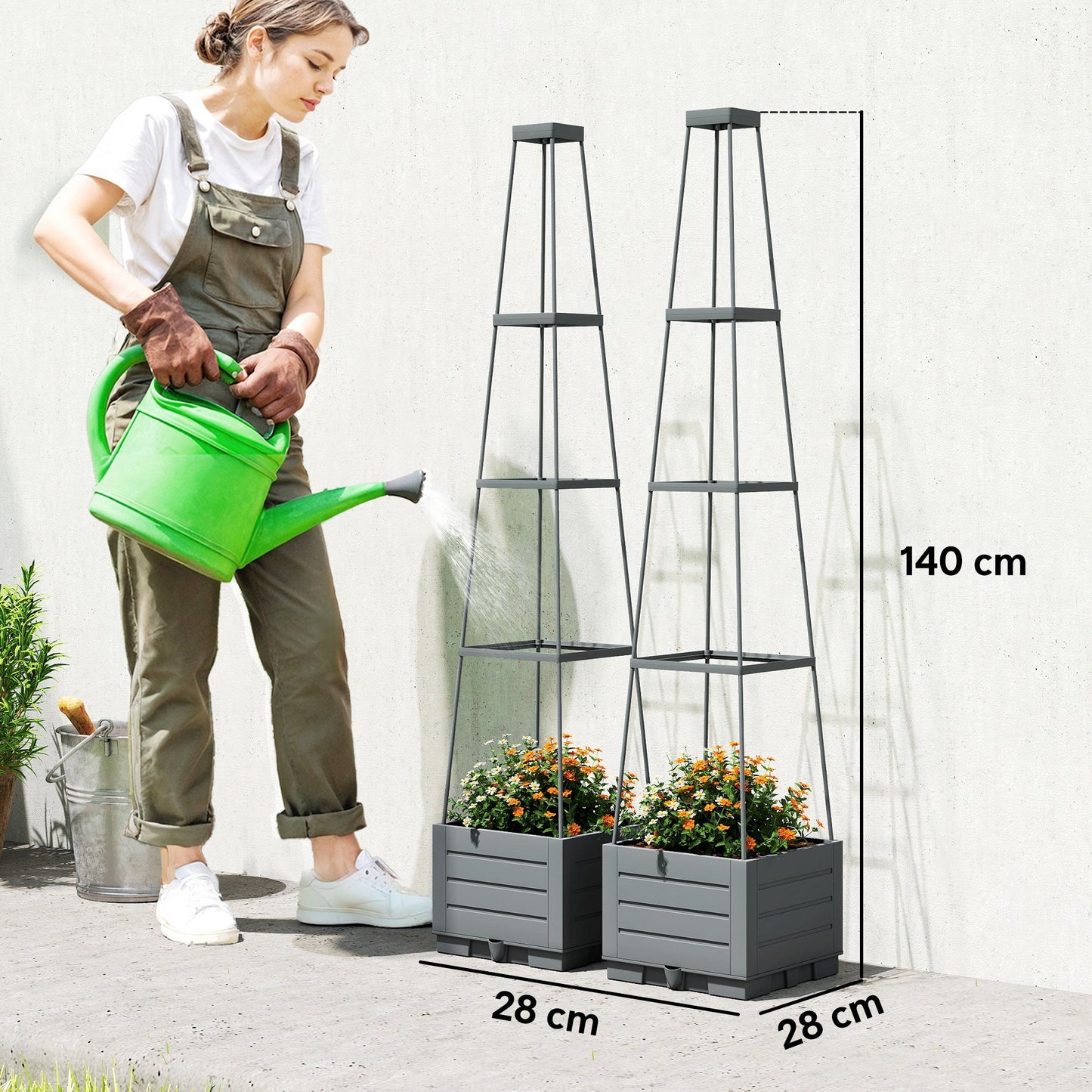 2 Pack Raised Garden Bed with Trellis, Plastic Outdoor Planter Box with Removable Drainage Tray, Tomato Cage for Climbing Plants, Vegetables, Flowers, 28 x 28 x 140 cm