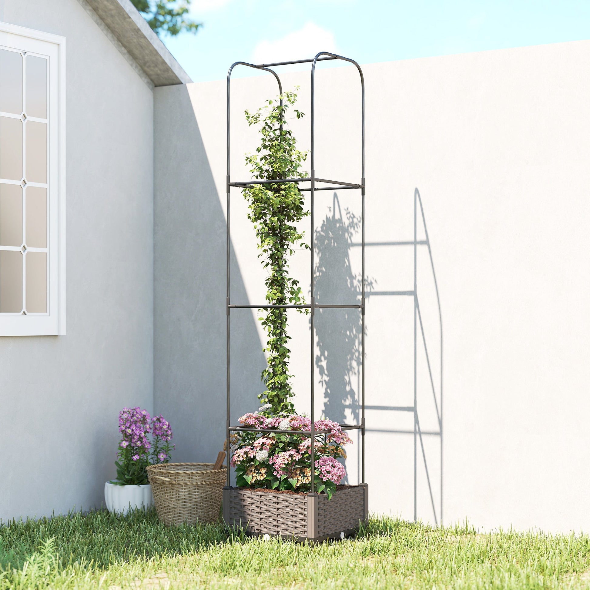 Raised Garden Bed with Trellis, Self Watering Plastic Planter Box with Drainage Holes, Drain Plugs and Water Reservoirs for Climbing Plants, Vegetables, Flowers, 40 x 40 x 179 cm, Black