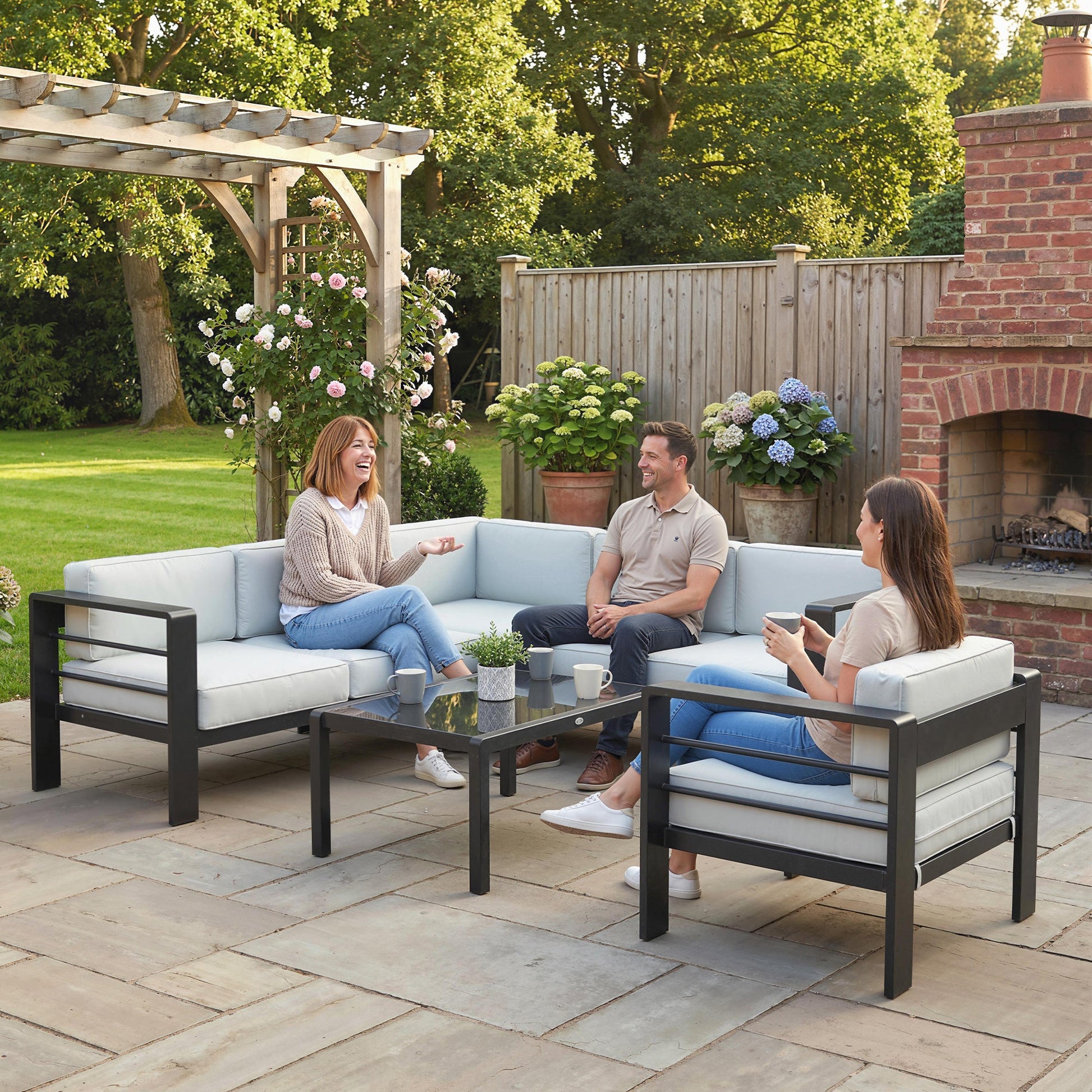 5-Piece Garden Corner Sofa Set with Cushions, 6 Seater Aluminium Garden Furniture Set with Glass Top Coffee Table, Patio Sectional Conservatory Furniture for Patio & Terrace, Light Grey