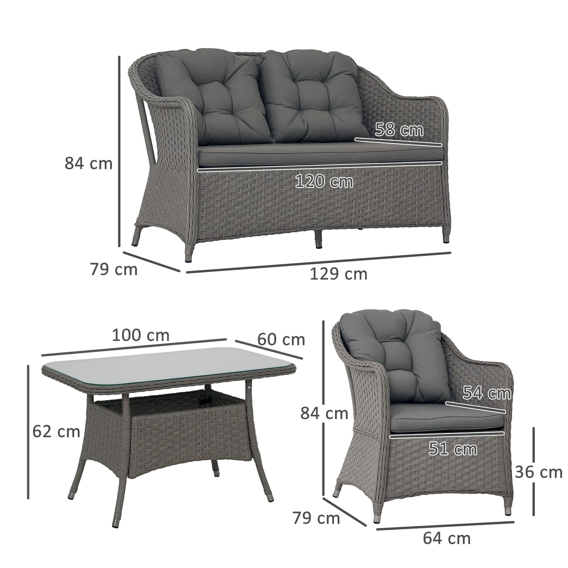 4 Pieces Outdoor PE Rattan Garden Furniture, Patio Round Wicker Woven Conversation Sofa Set w/ Padded Cushions and Tempered Glass Top Table For Balcony, Pool, Garden, Sand, Light Grey