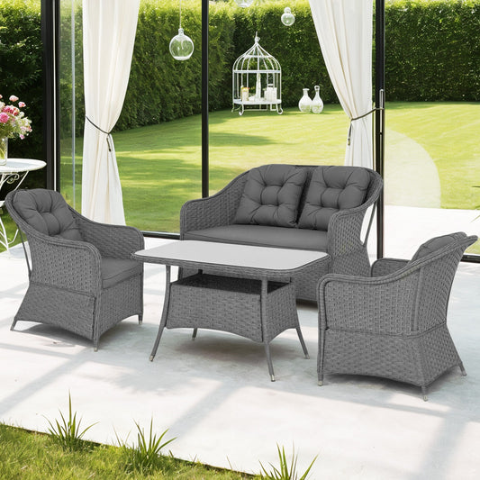 4 Pieces Outdoor PE Rattan Garden Furniture, Patio Round Wicker Woven Conversation Sofa Set w/ Padded Cushions and Tempered Glass Top Table For Balcony, Pool, Garden, Sand, Light Grey